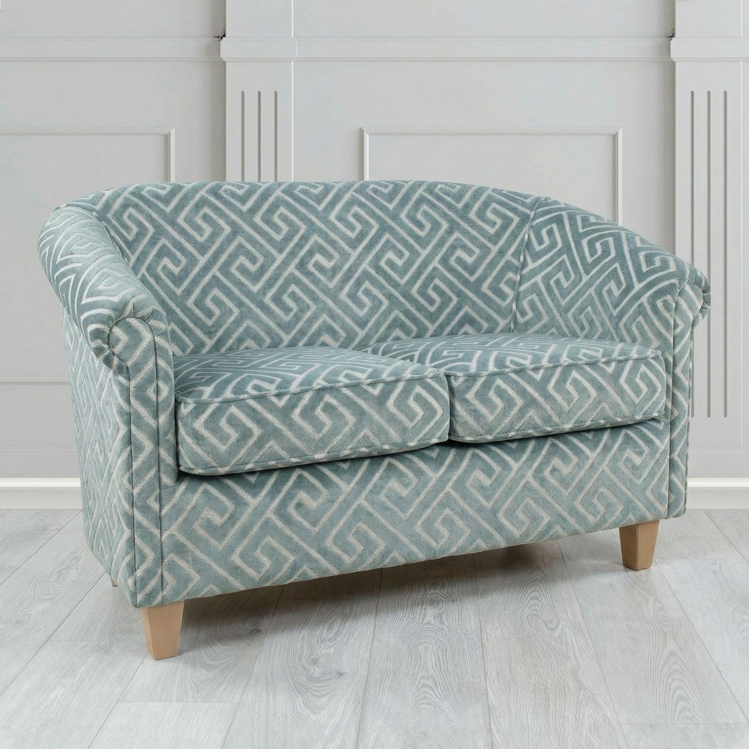 Siena 2 Seater Tub Sofa in Cristina Marrone Extravaganza Greek Key Geometric Fabric