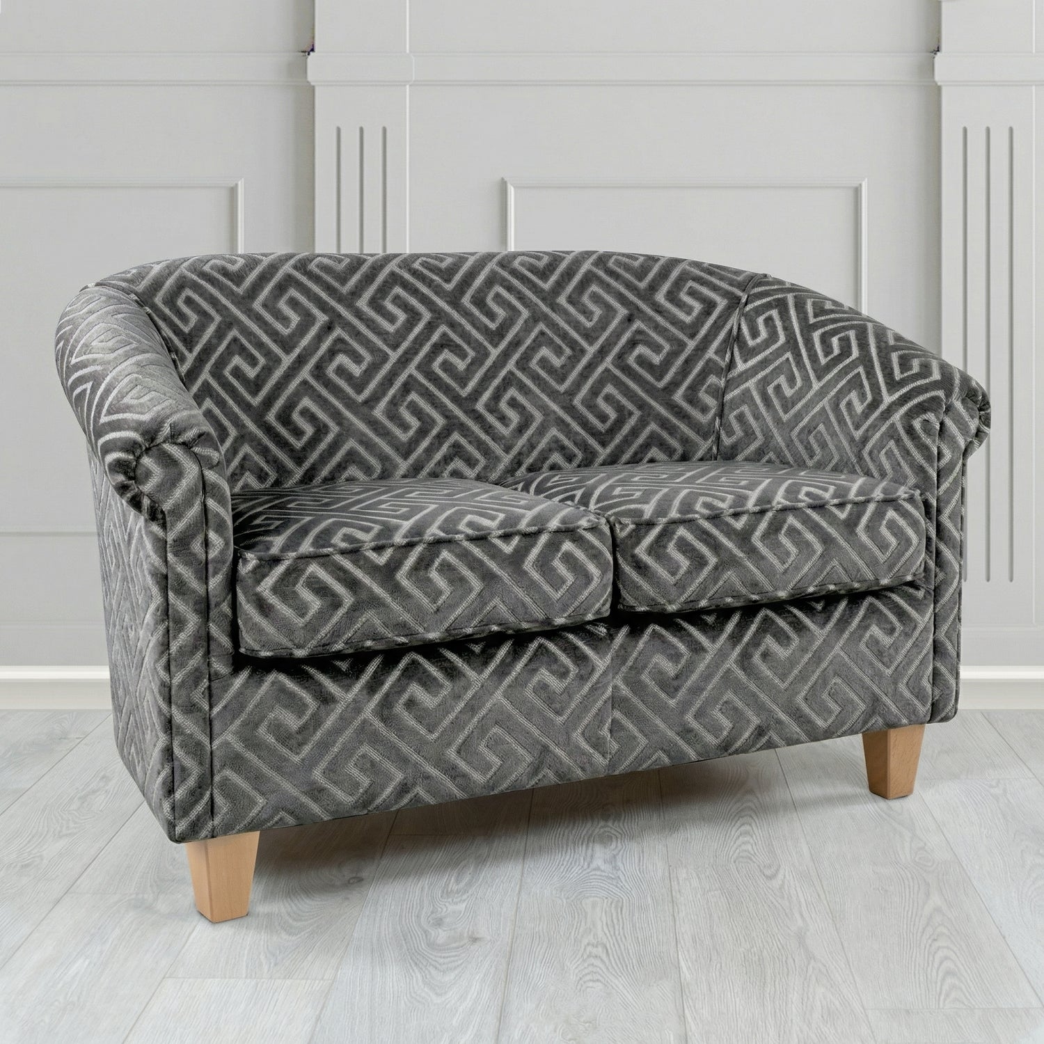 Siena 2 Seater Tub Sofa in Cristina Marrone Extravaganza Greek Key Geometric Fabric