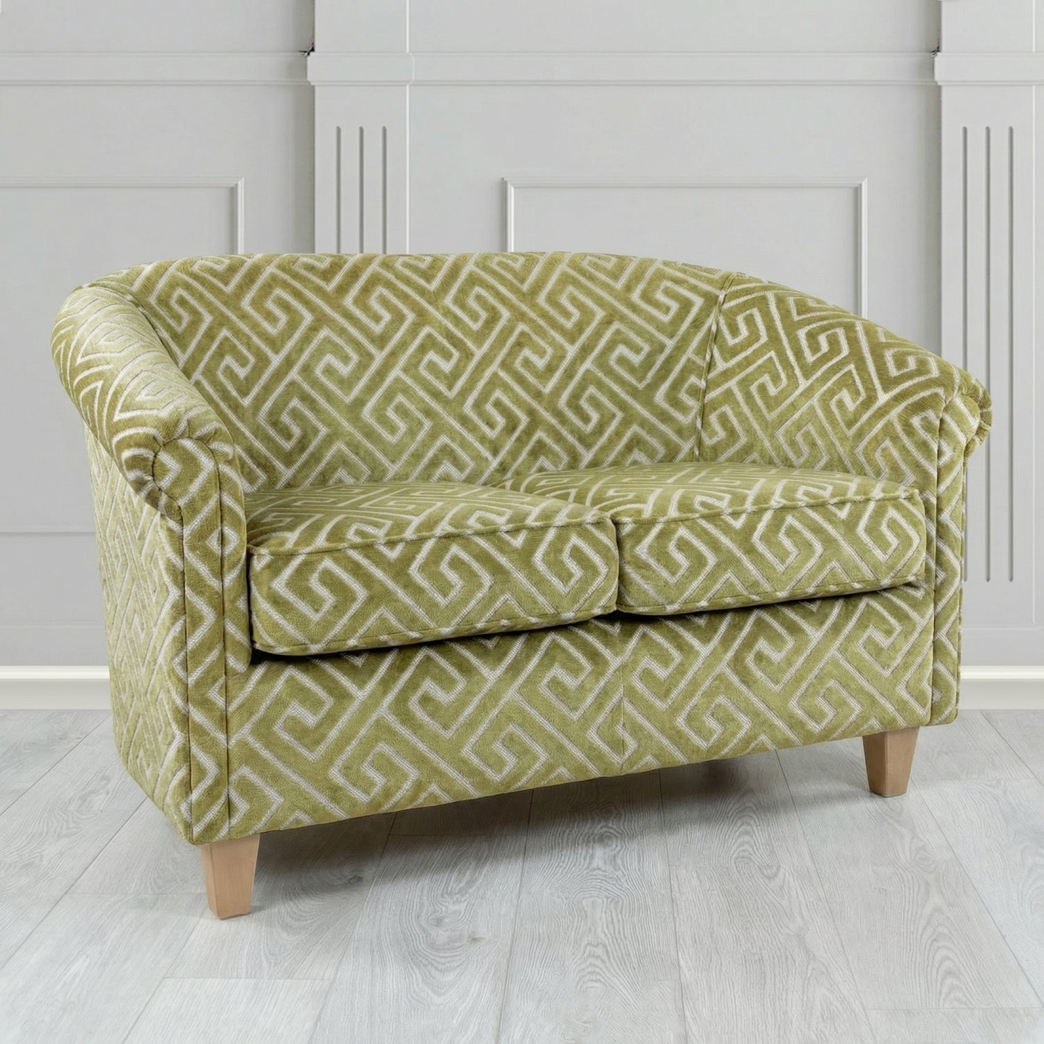 Siena 2 Seater Tub Sofa in Cristina Marrone Extravaganza Greek Key Geometric Fabric