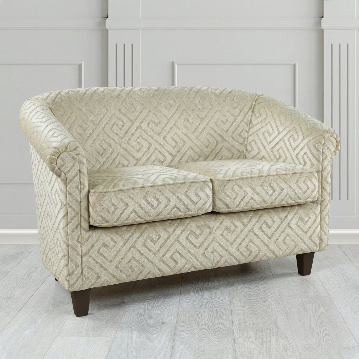 Siena 2 Seater Tub Sofa in Cristina Marrone Extravaganza Greek Key Geometric Fabric