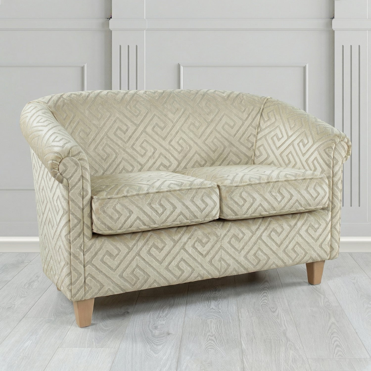 Siena 2 Seater Tub Sofa in Cristina Marrone Extravaganza Greek Key Geometric Fabric
