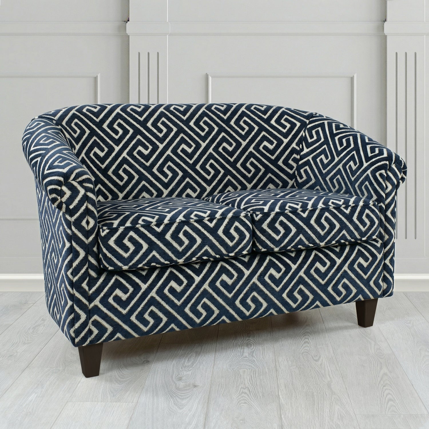 Siena 2 Seater Tub Sofa in Cristina Marrone Extravaganza Greek Key Geometric Fabric