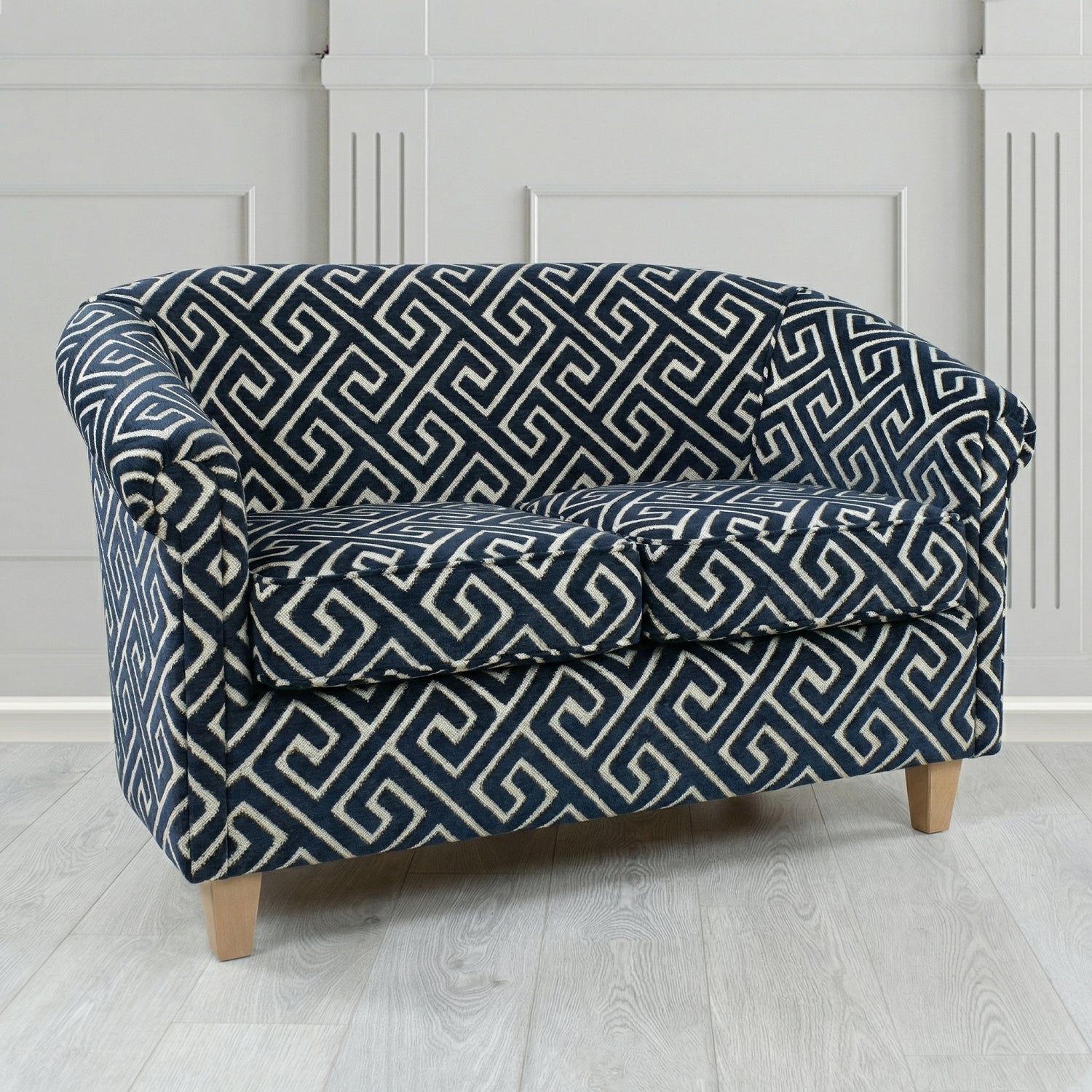 Siena 2 Seater Tub Sofa in Cristina Marrone Extravaganza Greek Key Geometric Fabric