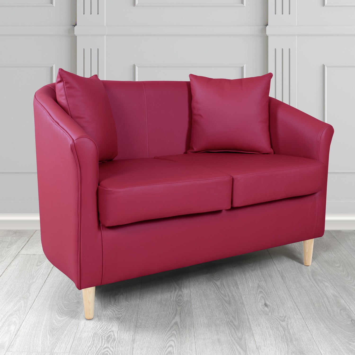 St Tropez 2 Seater Tub Sofa in Crest Leather Shelly Crib 5 Genuine Leather with Scatter Cushions