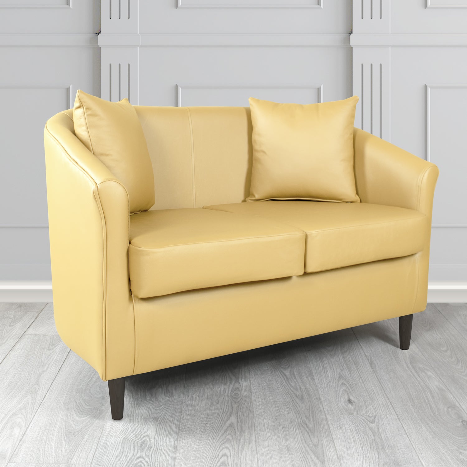 St Tropez 2 Seater Tub Sofa in Crest Leather Shelly Crib 5 Genuine Leather with Scatter Cushions