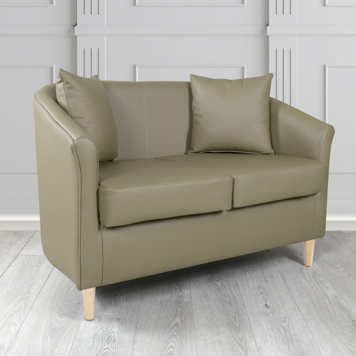 St Tropez 2 Seater Tub Sofa in Crest Leather Shelly Crib 5 Genuine Leather with Scatter Cushions