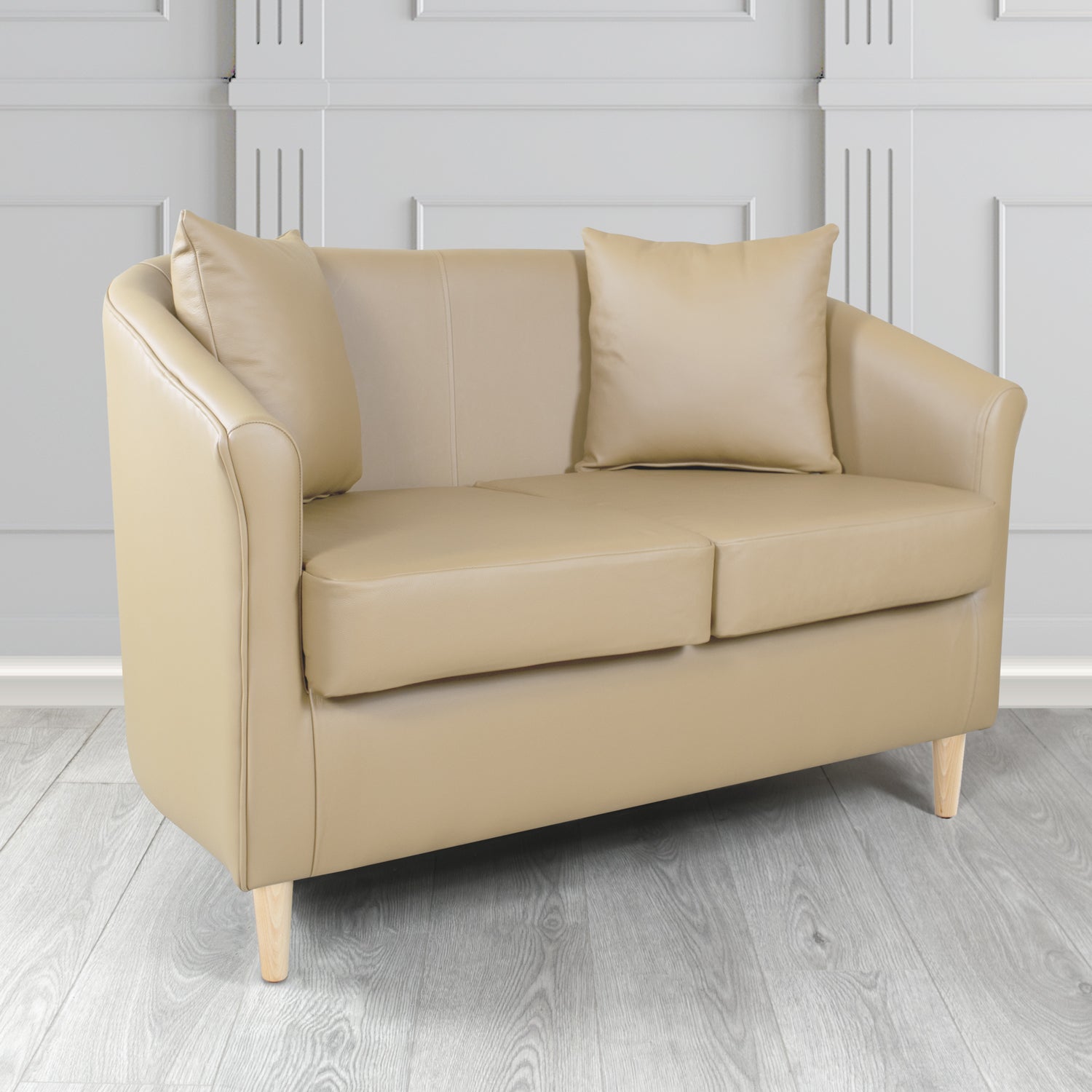 St Tropez 2 Seater Tub Sofa in Crest Leather Shelly Crib 5 Genuine Leather with Scatter Cushions