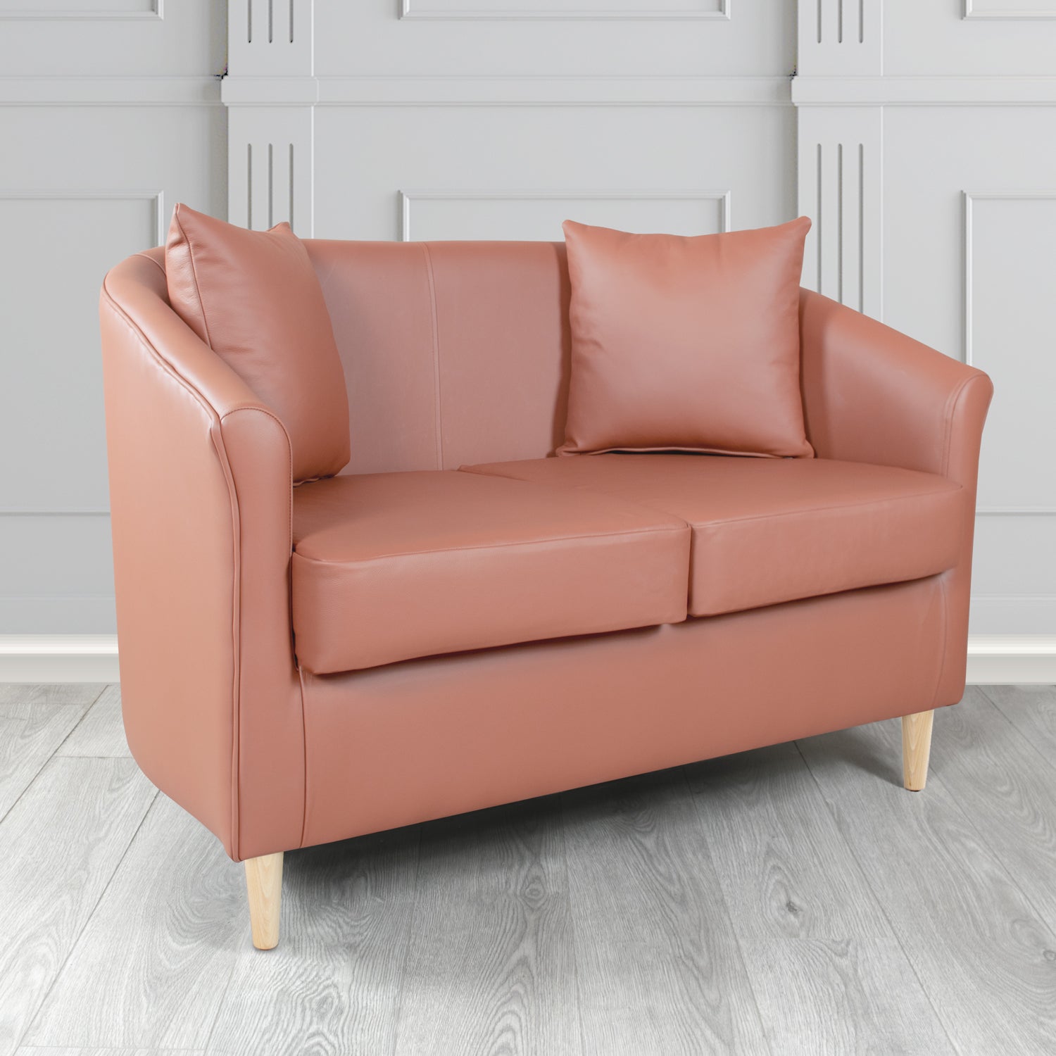 St Tropez 2 Seater Tub Sofa in Crest Leather Shelly Crib 5 Genuine Leather with Scatter Cushions