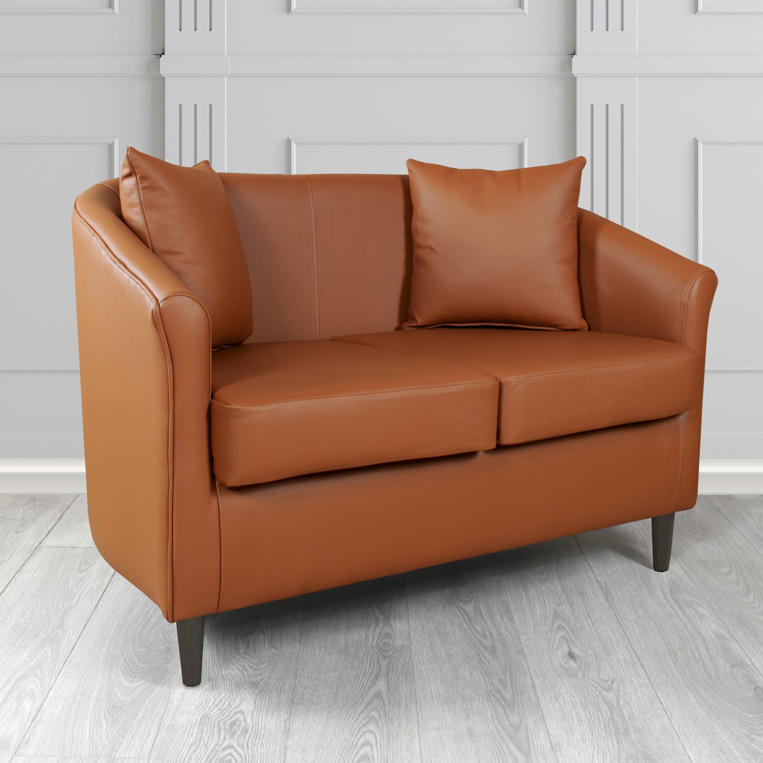 St Tropez 2 Seater Tub Sofa in Crest Leather Shelly Crib 5 Genuine Leather with Scatter Cushions
