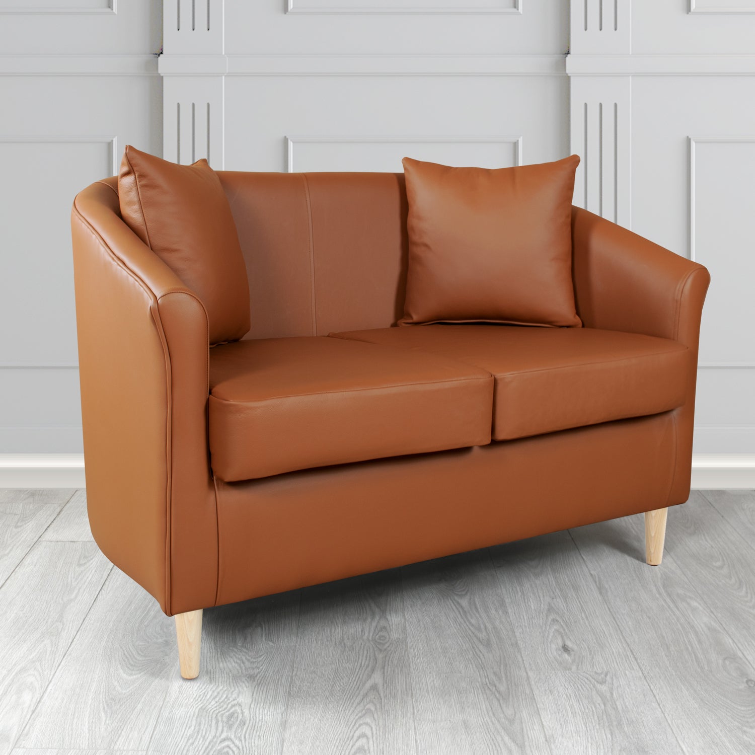 St Tropez 2 Seater Tub Sofa in Crest Leather Shelly Crib 5 Genuine Leather with Scatter Cushions