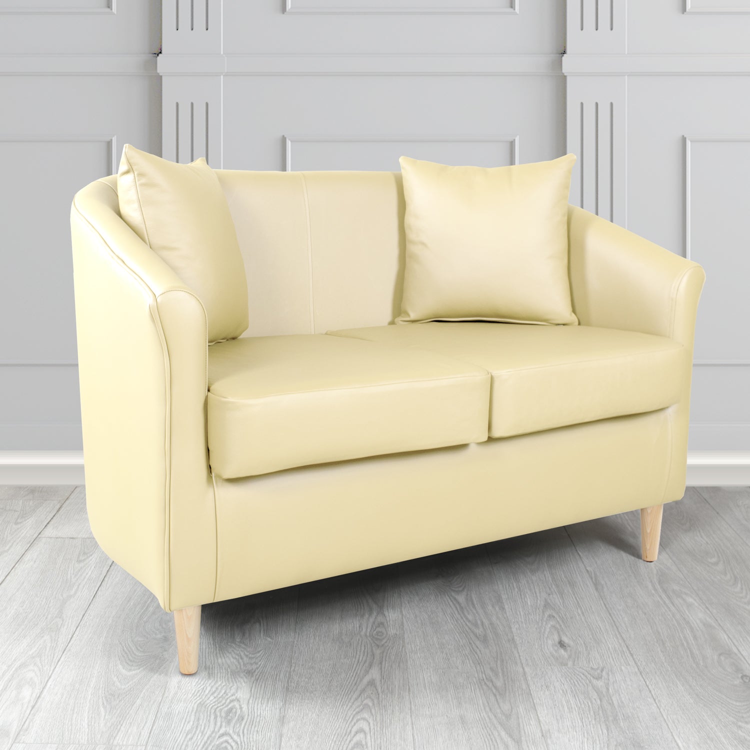 St Tropez 2 Seater Tub Sofa in Crest Leather Shelly Crib 5 Genuine Leather with Scatter Cushions