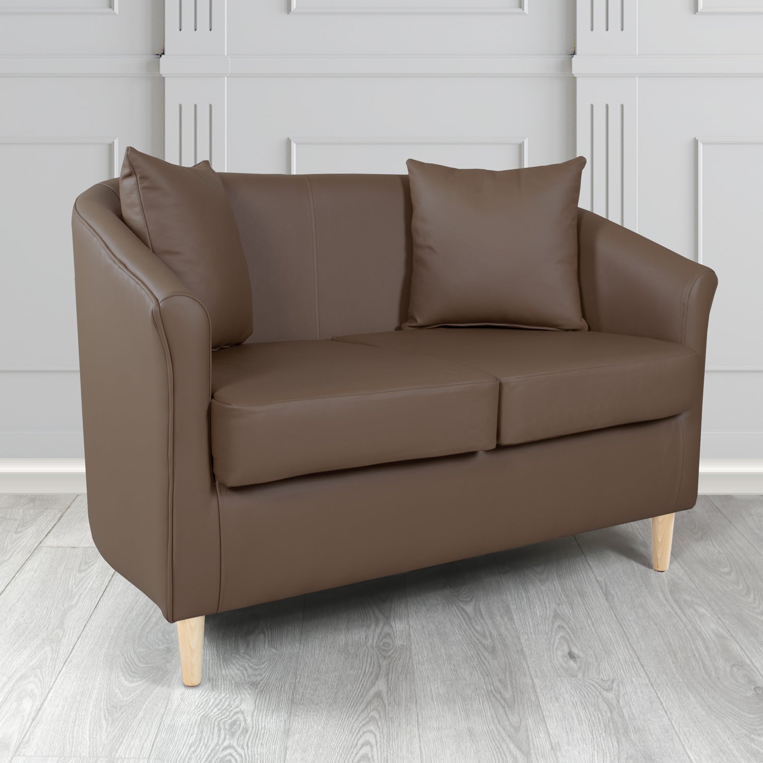 St Tropez 2 Seater Tub Sofa in Crest Leather Shelly Crib 5 Genuine Leather with Scatter Cushions
