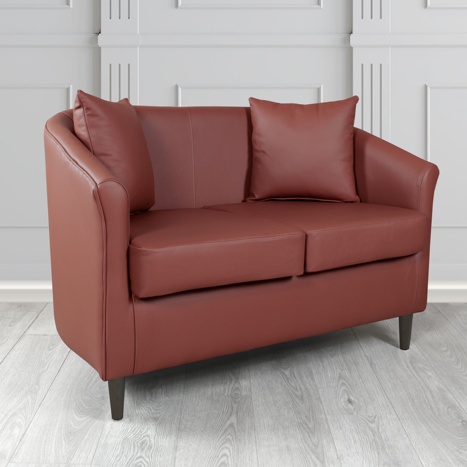 St Tropez 2 Seater Tub Sofa in Crest Leather Shelly Crib 5 Genuine Leather with Scatter Cushions