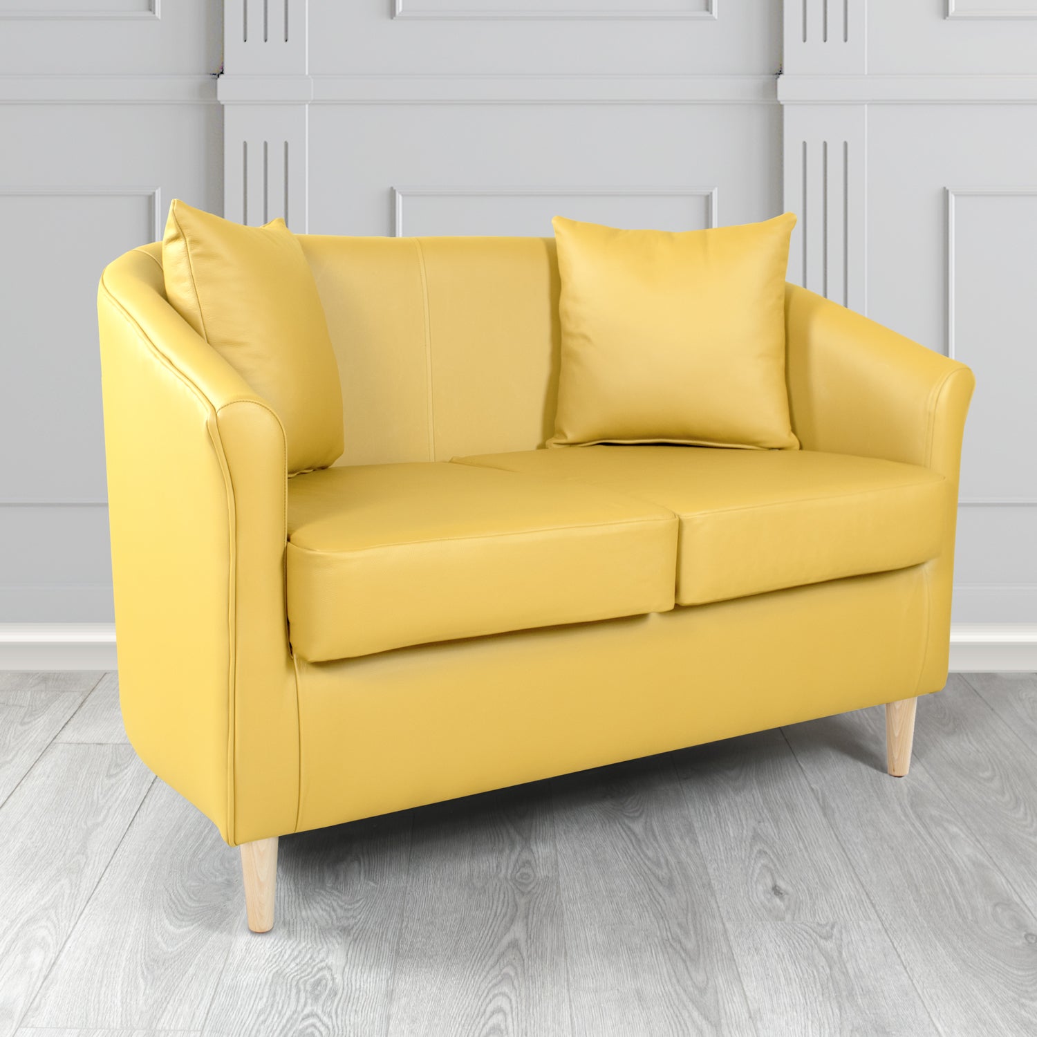 St Tropez 2 Seater Tub Sofa in Crest Leather Shelly Crib 5 Genuine Leather with Scatter Cushions