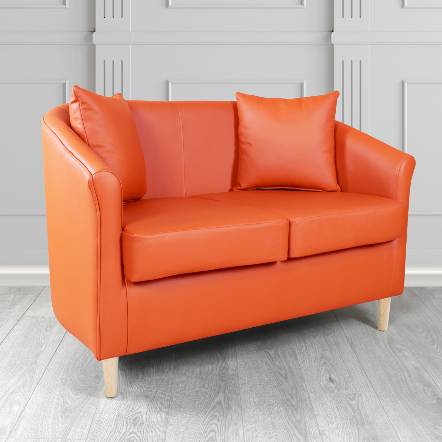 St Tropez 2 Seater Tub Sofa in Crest Leather Shelly Crib 5 Genuine Leather with Scatter Cushions