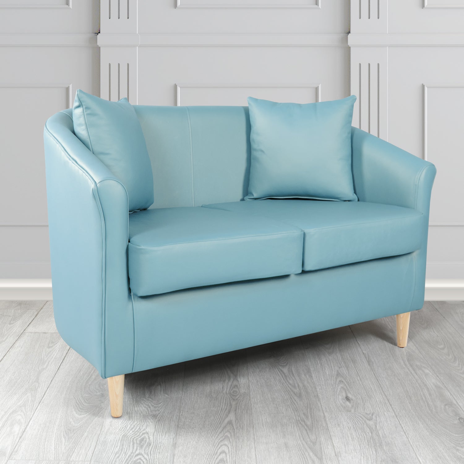 St Tropez 2 Seater Tub Sofa in Crest Leather Shelly Crib 5 Genuine Leather with Scatter Cushions