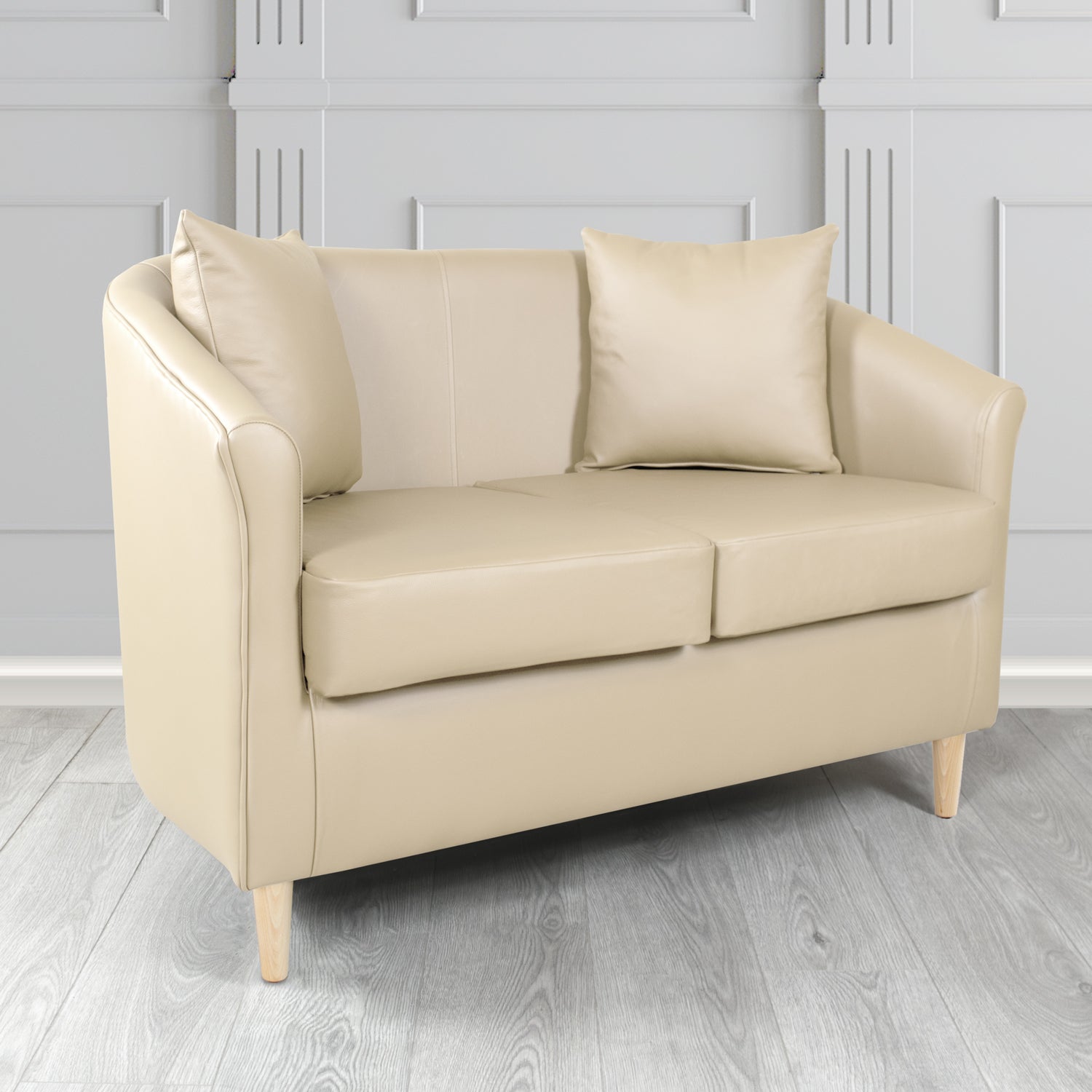 St Tropez 2 Seater Tub Sofa in Crest Leather Shelly Crib 5 Genuine Leather with Scatter Cushions
