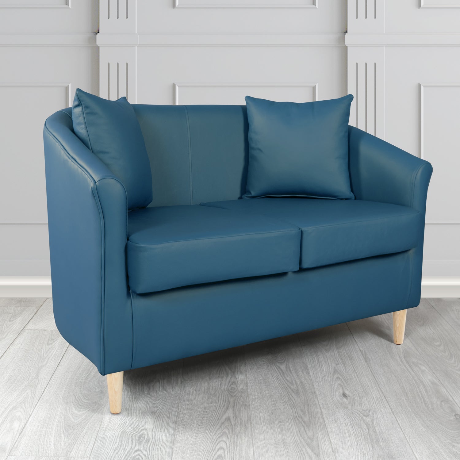 St Tropez 2 Seater Tub Sofa in Crest Leather Shelly Crib 5 Genuine Leather with Scatter Cushions