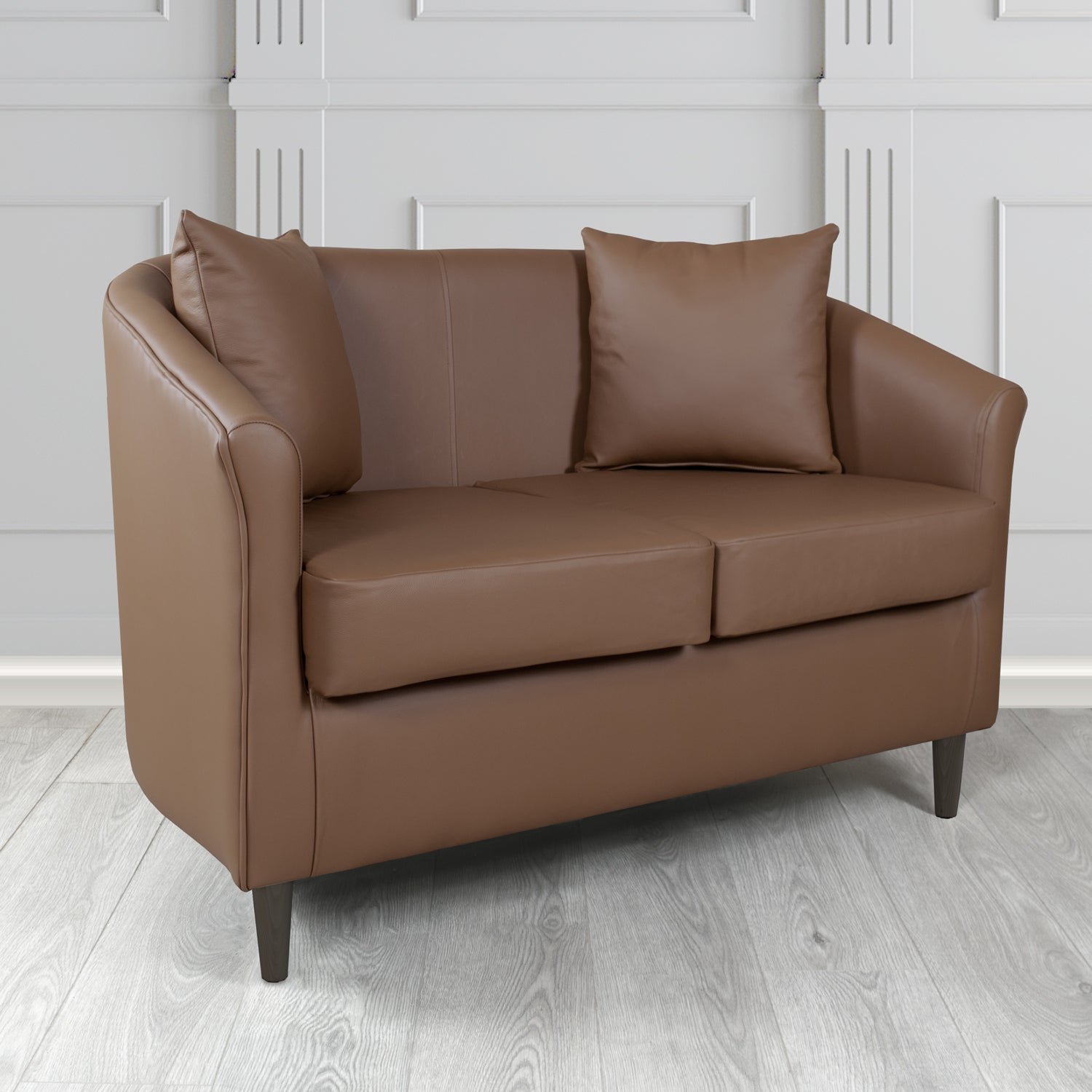 St Tropez 2 Seater Tub Sofa in Crest Leather Shelly Crib 5 Genuine Leather with Scatter Cushions