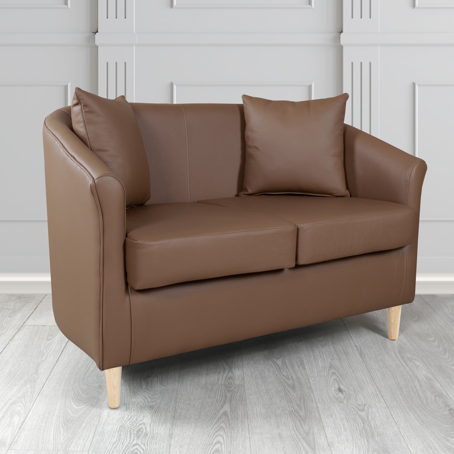 St Tropez 2 Seater Tub Sofa in Crest Leather Shelly Crib 5 Genuine Leather with Scatter Cushions