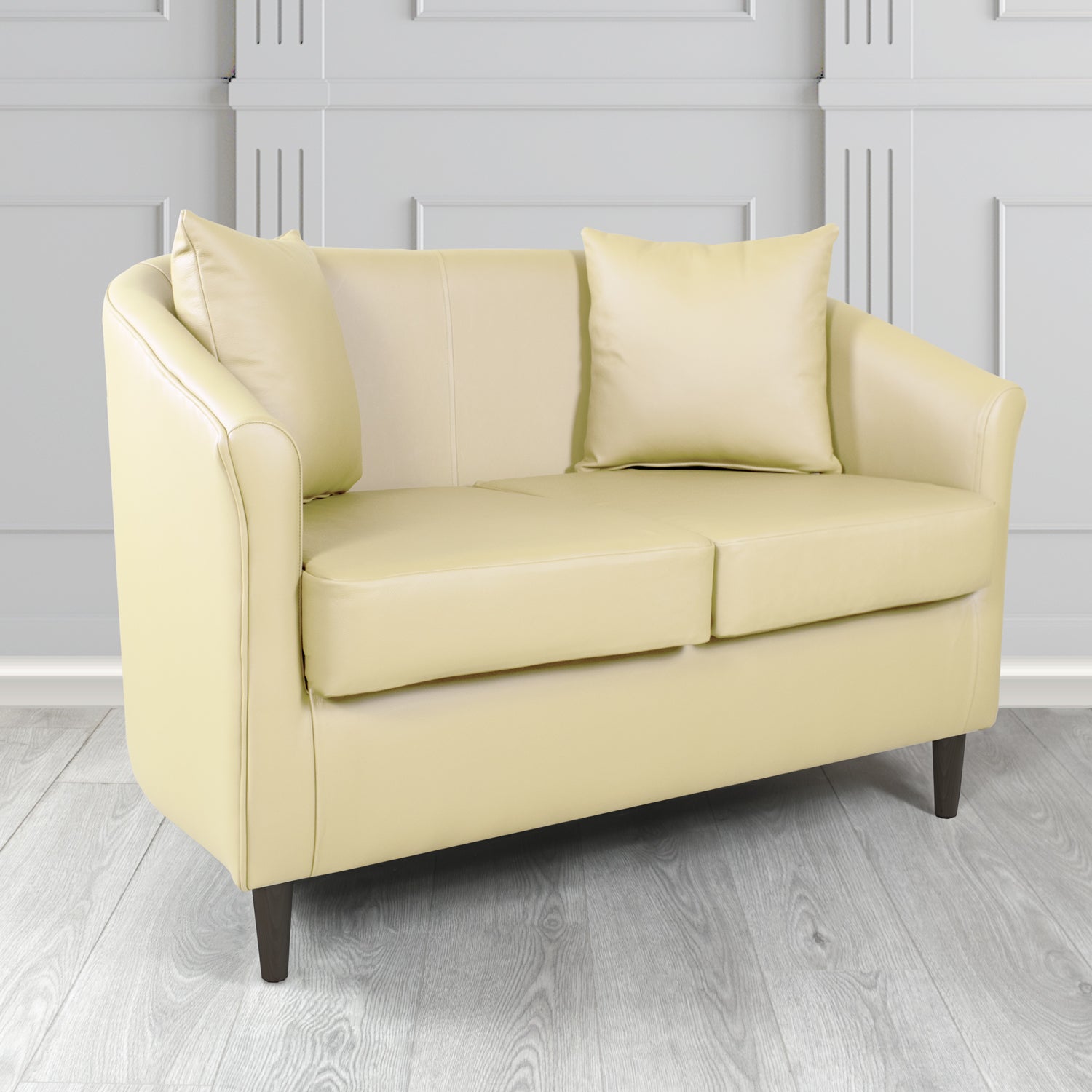 St Tropez 2 Seater Tub Sofa in Crest Leather Shelly Crib 5 Genuine Leather with Scatter Cushions