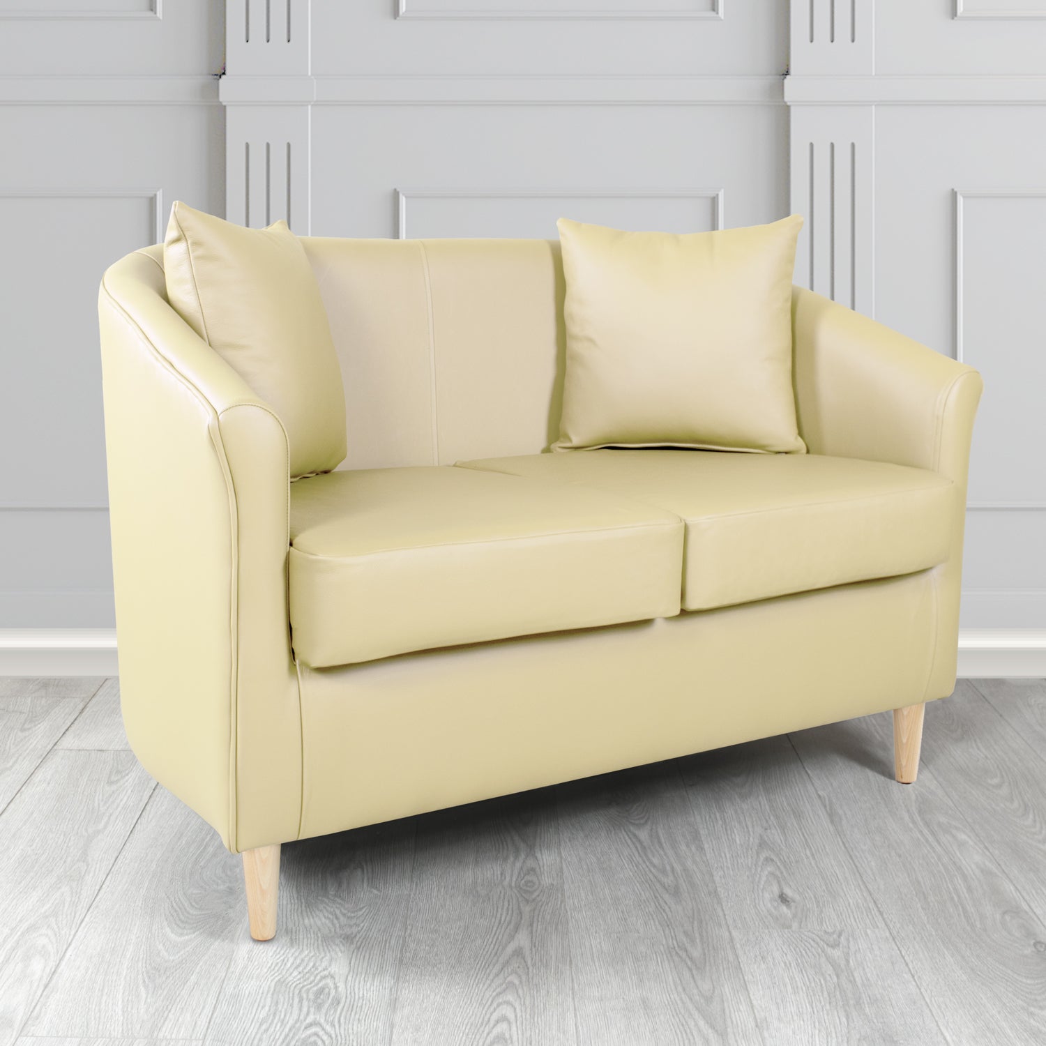 St Tropez 2 Seater Tub Sofa in Crest Leather Shelly Crib 5 Genuine Leather with Scatter Cushions