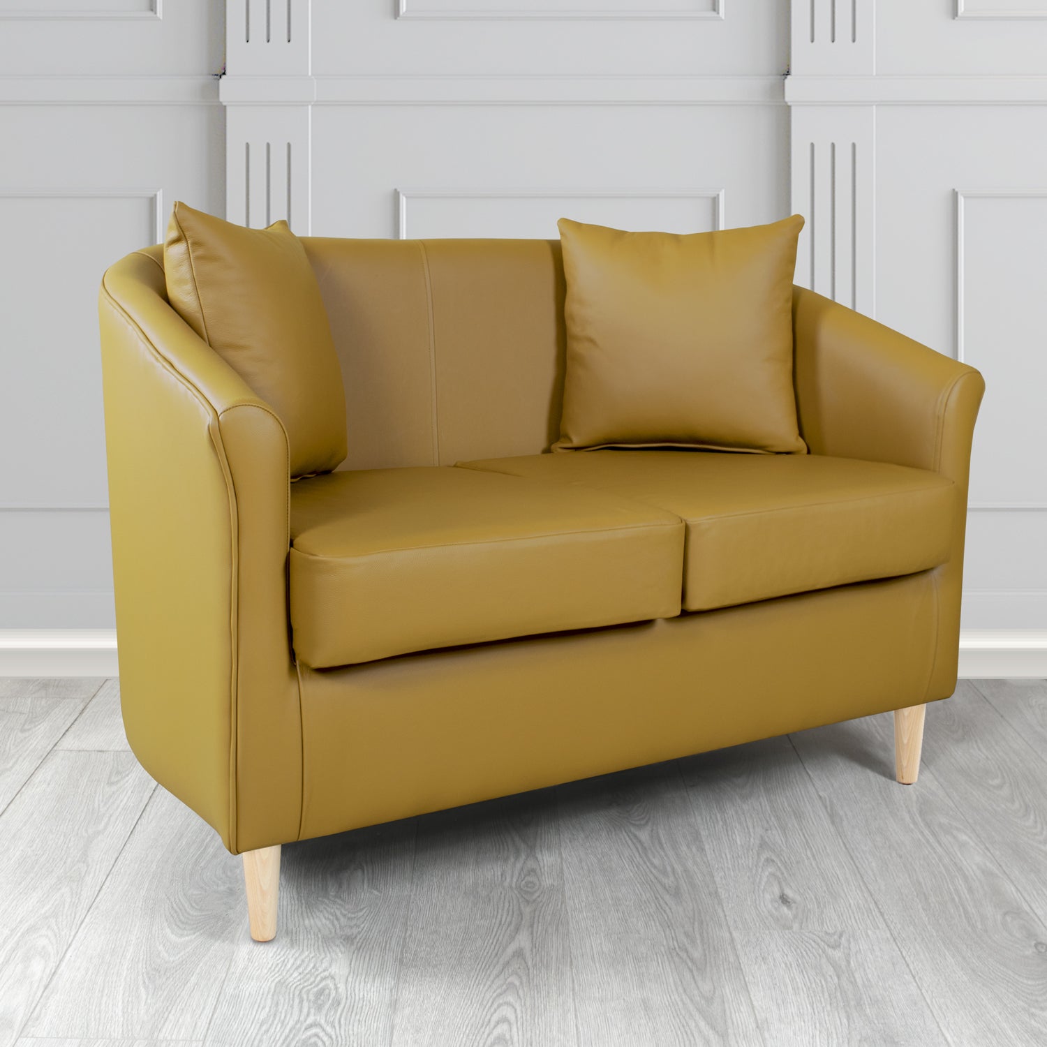 St Tropez 2 Seater Tub Sofa in Crest Leather Shelly Crib 5 Genuine Leather with Scatter Cushions