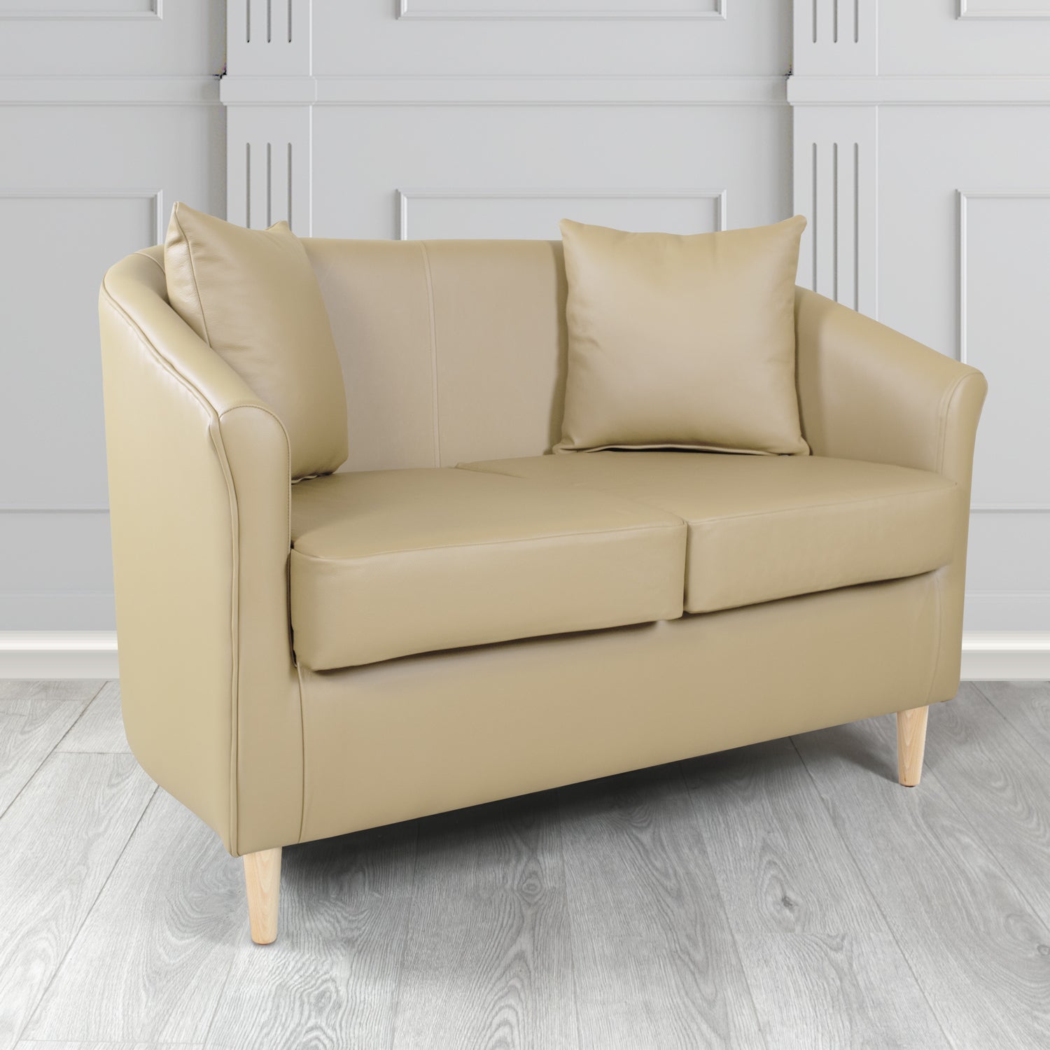 St Tropez 2 Seater Tub Sofa in Crest Leather Shelly Crib 5 Genuine Leather with Scatter Cushions