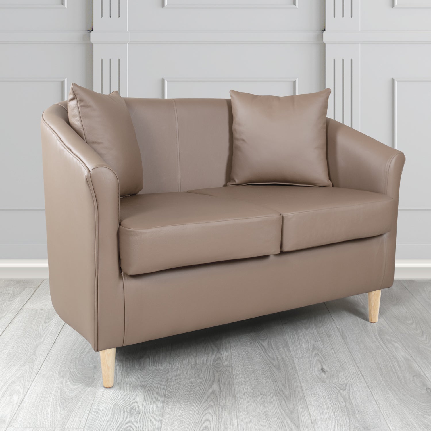 St Tropez 2 Seater Tub Sofa in Crest Leather Shelly Crib 5 Genuine Leather with Scatter Cushions