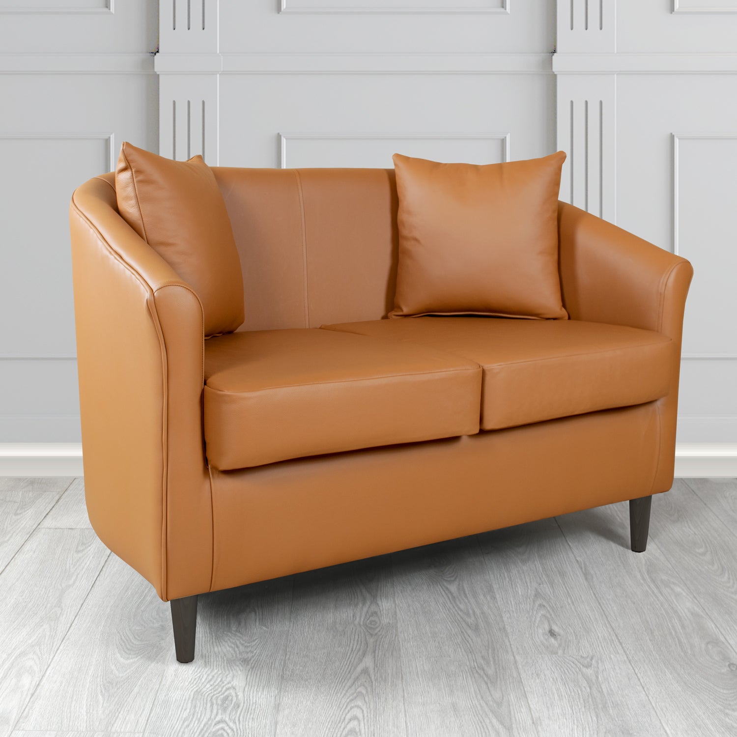 St Tropez 2 Seater Tub Sofa in Crest Leather Shelly Crib 5 Genuine Leather with Scatter Cushions