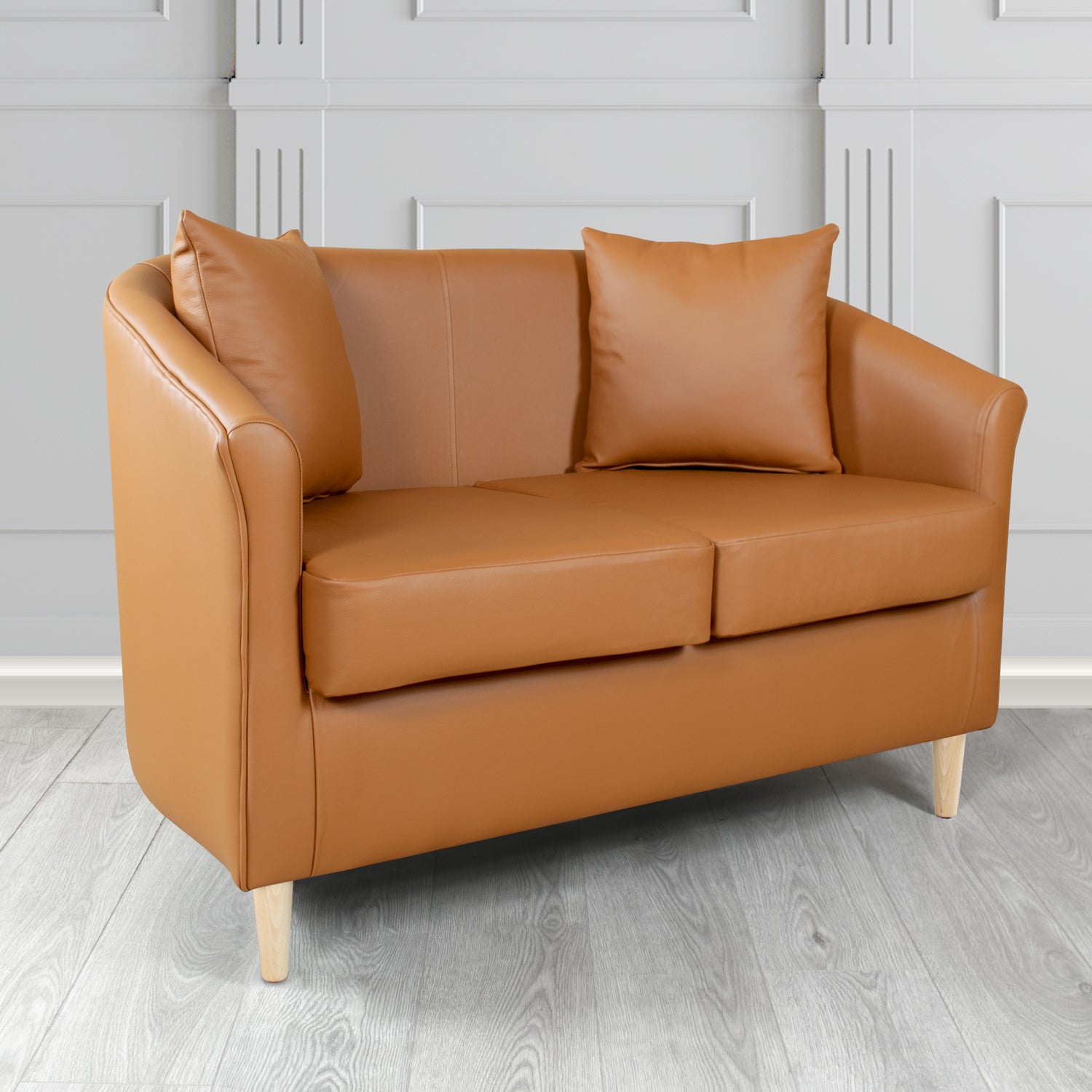 St Tropez 2 Seater Tub Sofa in Crest Leather Shelly Crib 5 Genuine Leather with Scatter Cushions