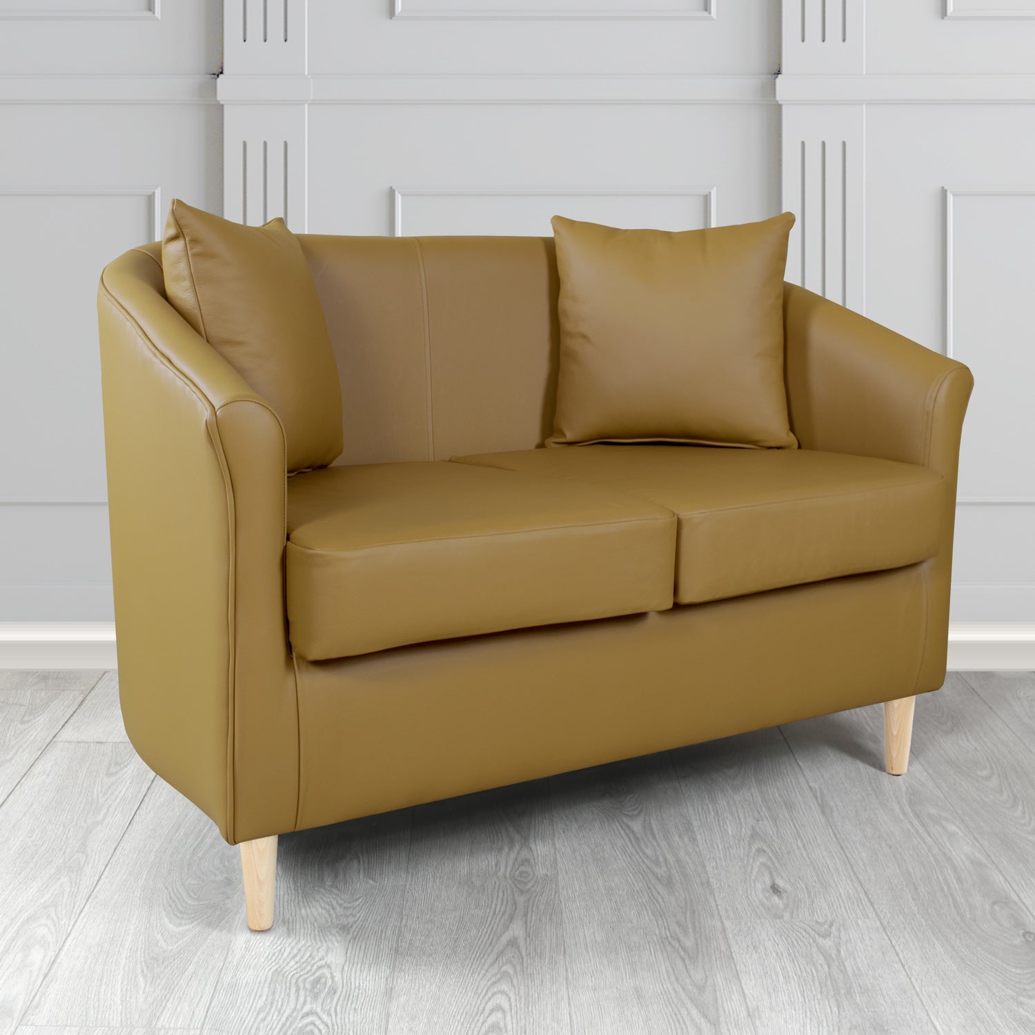 St Tropez 2 Seater Tub Sofa in Crest Leather Shelly Crib 5 Genuine Leather with Scatter Cushions