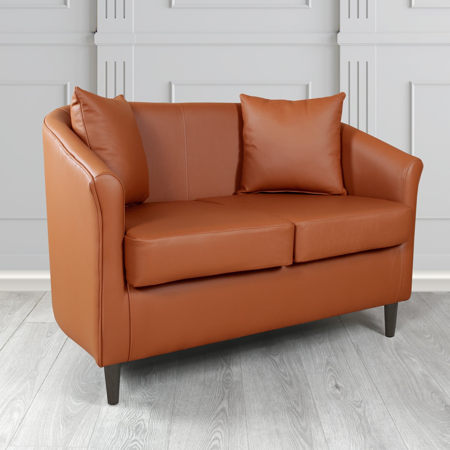 St Tropez 2 Seater Tub Sofa in Crest Leather Shelly Crib 5 Genuine Leather with Scatter Cushions