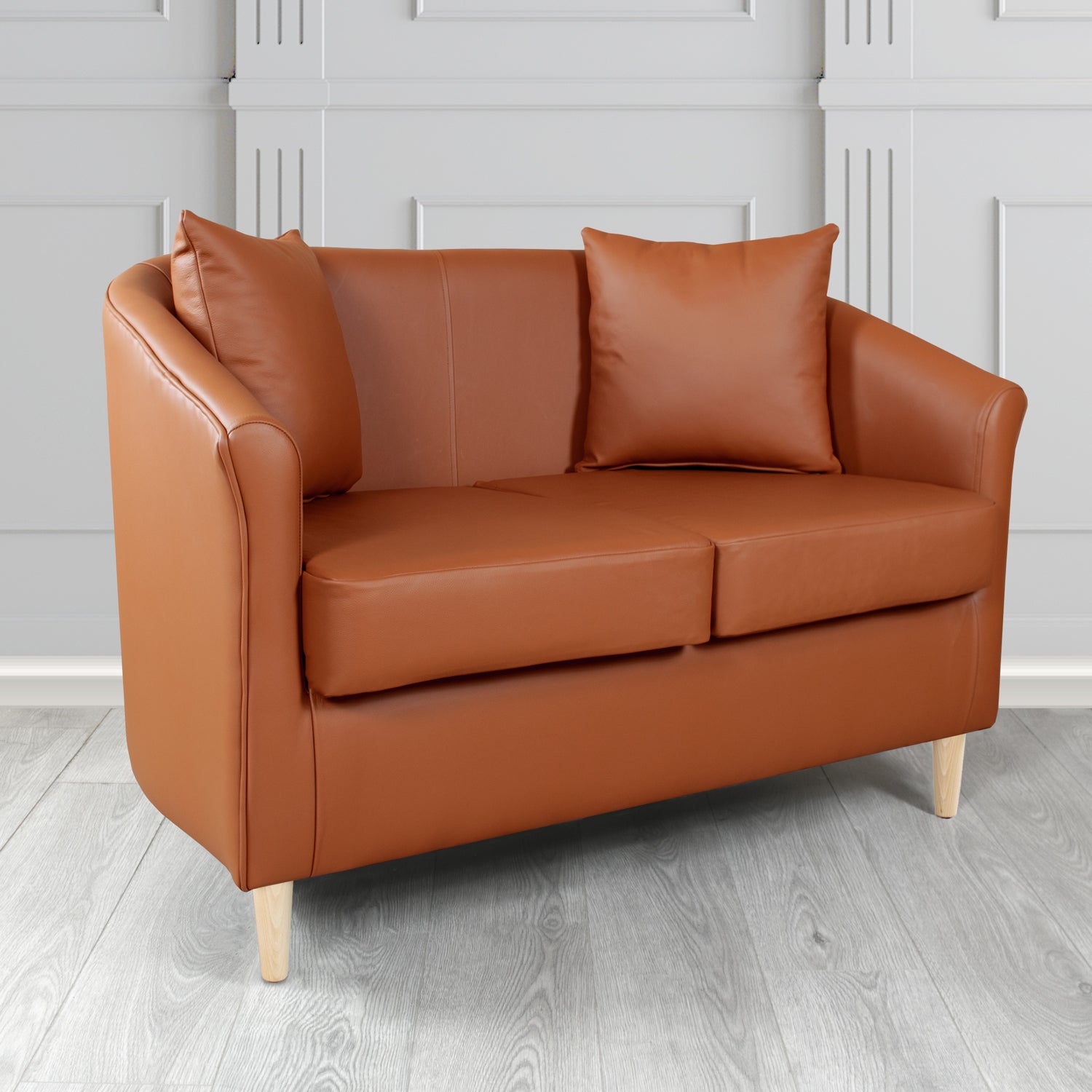 St Tropez 2 Seater Tub Sofa in Crest Leather Shelly Crib 5 Genuine Leather with Scatter Cushions