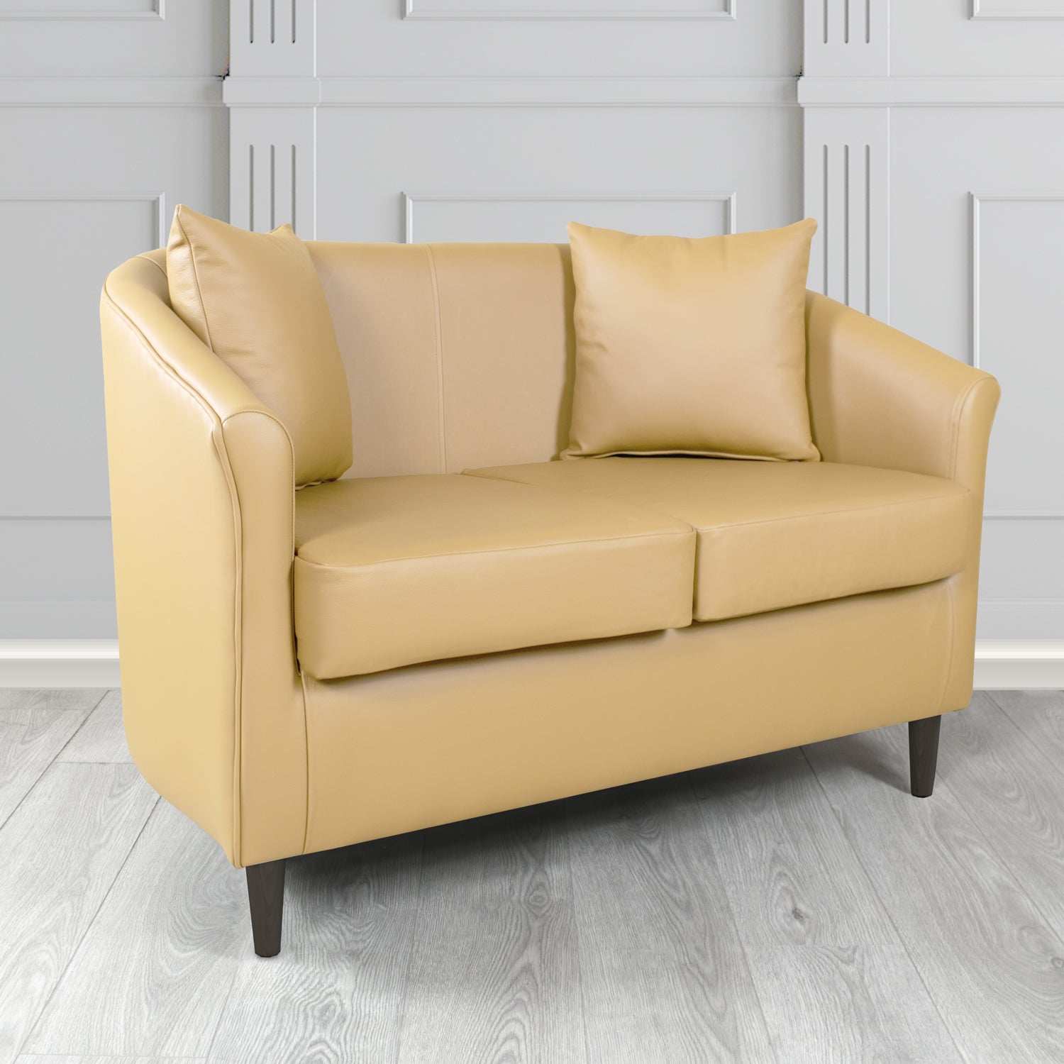 St Tropez 2 Seater Tub Sofa in Crest Leather Shelly Crib 5 Genuine Leather with Scatter Cushions