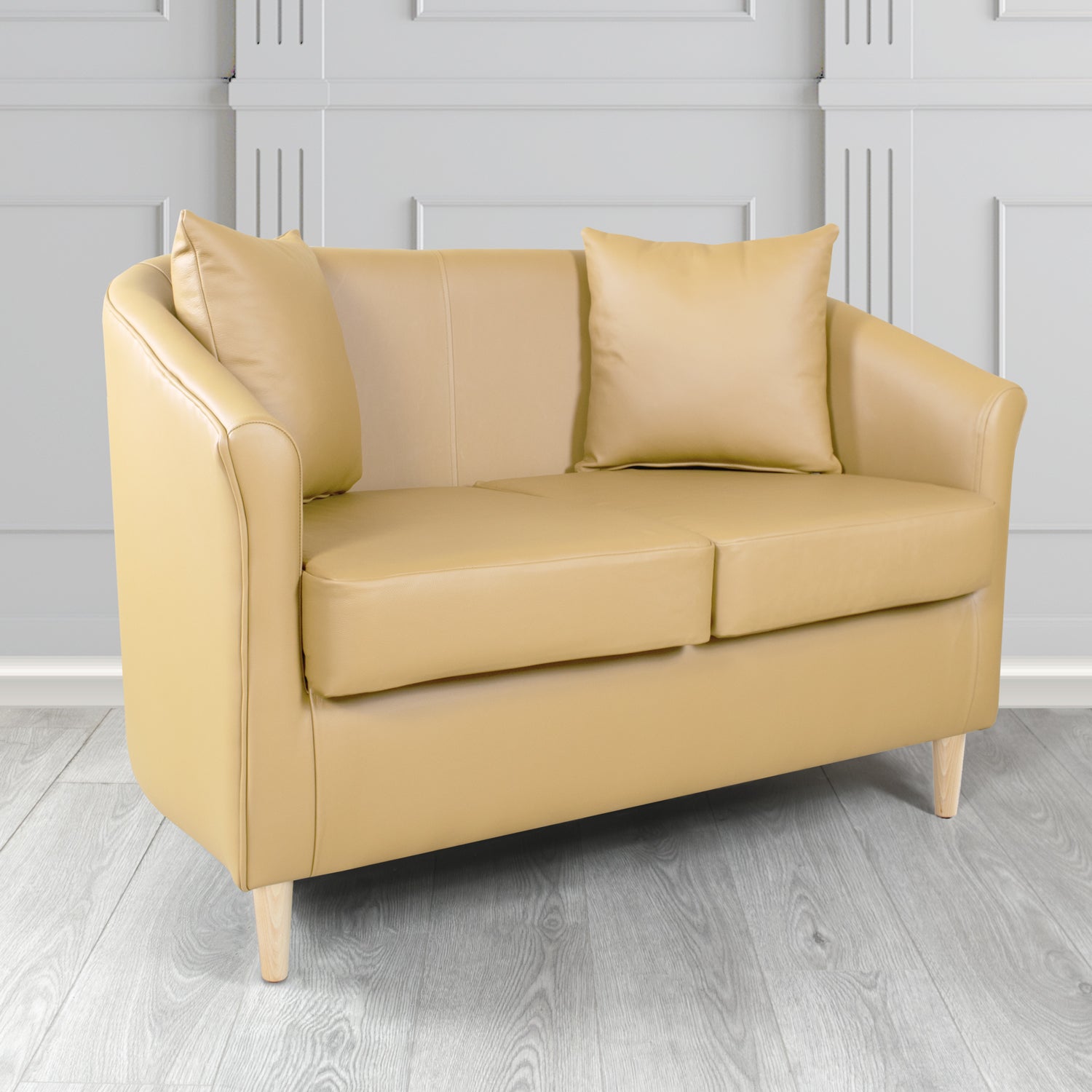 St Tropez 2 Seater Tub Sofa in Crest Leather Shelly Crib 5 Genuine Leather with Scatter Cushions