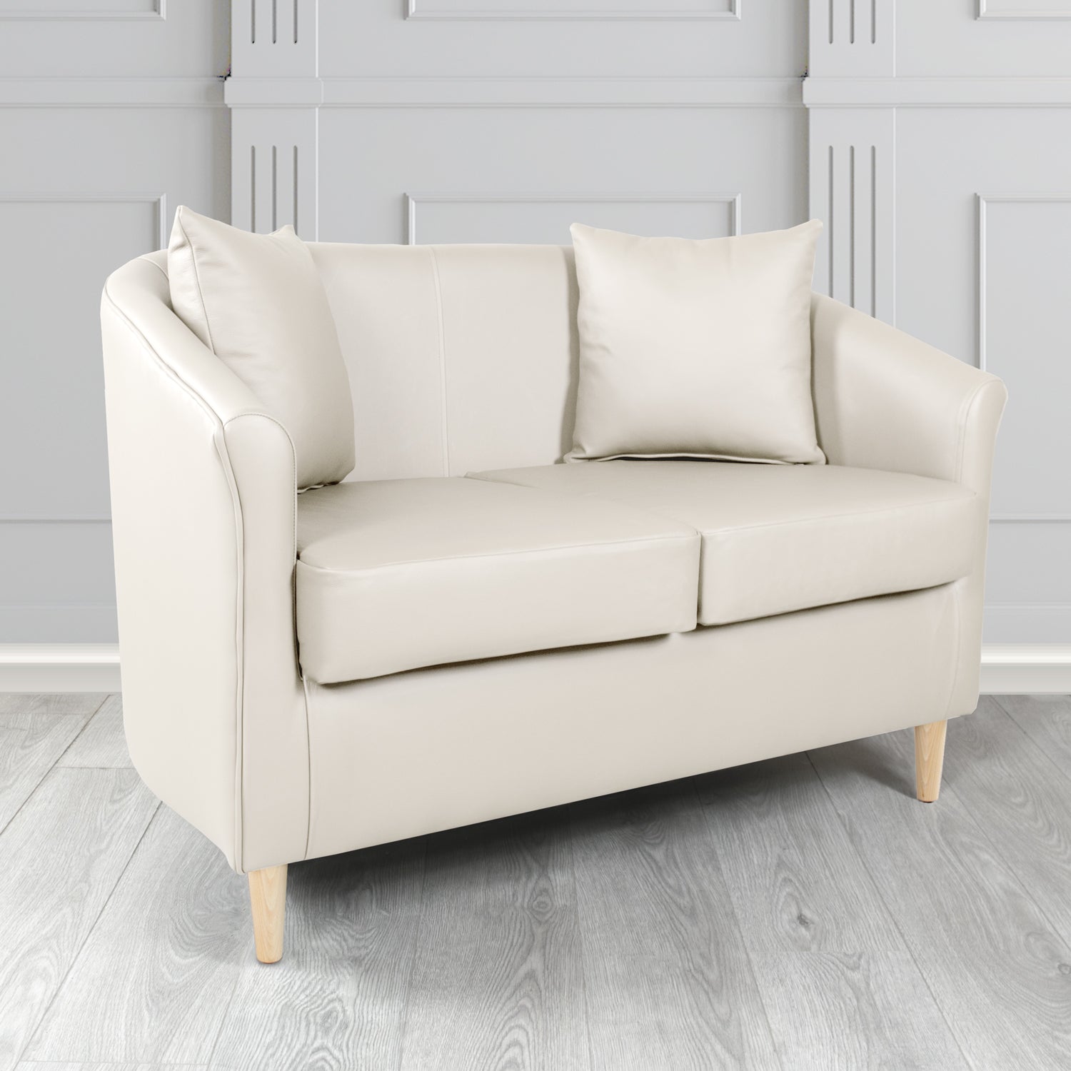 St Tropez 2 Seater Tub Sofa in Crest Leather Shelly Crib 5 Genuine Leather with Scatter Cushions