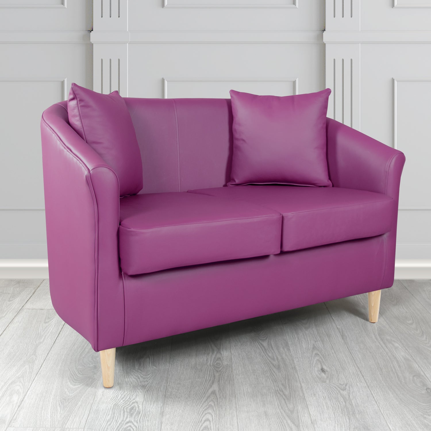 St Tropez 2 Seater Tub Sofa in Crest Leather Shelly Crib 5 Genuine Leather with Scatter Cushions