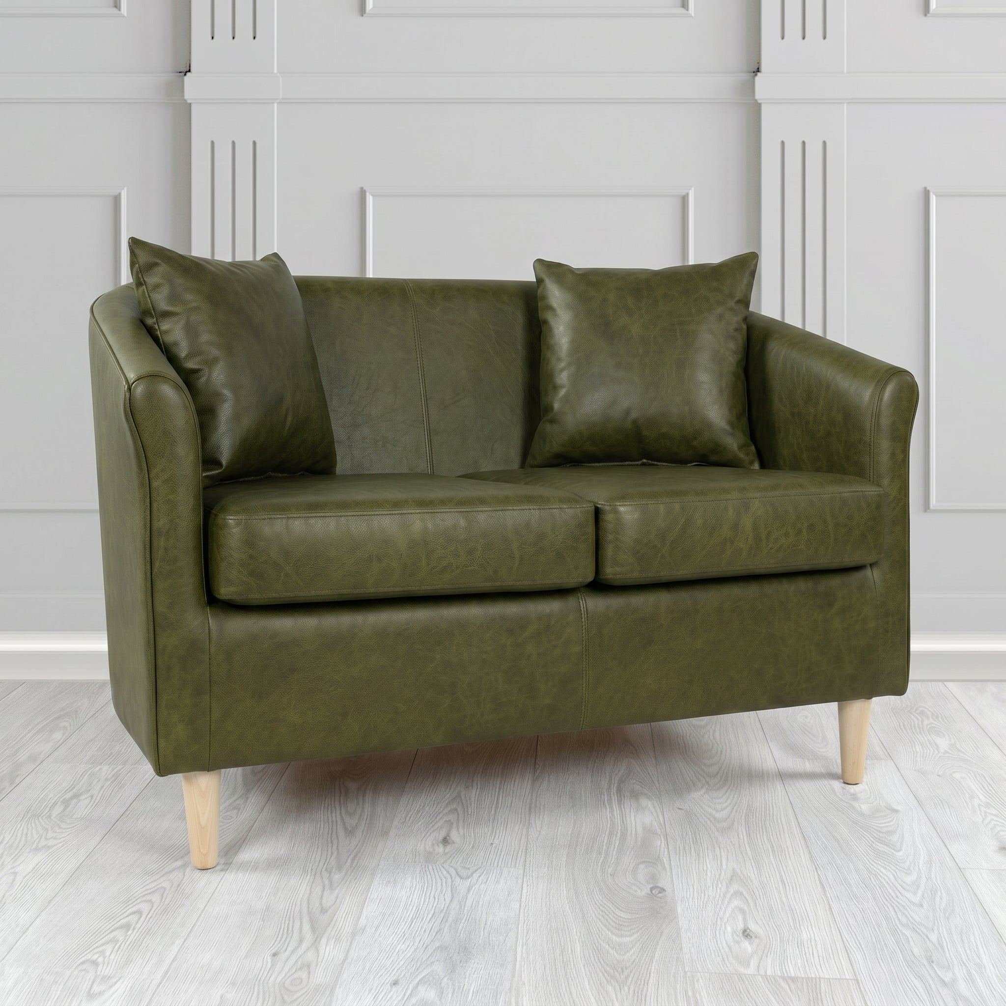 St Tropez 2 Seater Tub Sofa in Crest Leather Saloon Semi-Aniline Crib 5 Genuine Leather with Scatter Cushion