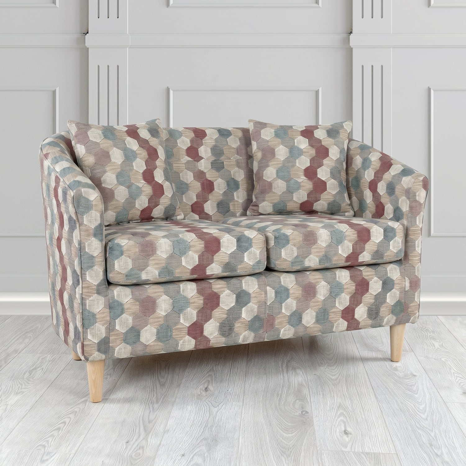 St Tropez 2 Seater Tub Sofa in Cristina Marrone Extravaganza Honeycomb Velvet Pattern Fabric with Scatter Cushion