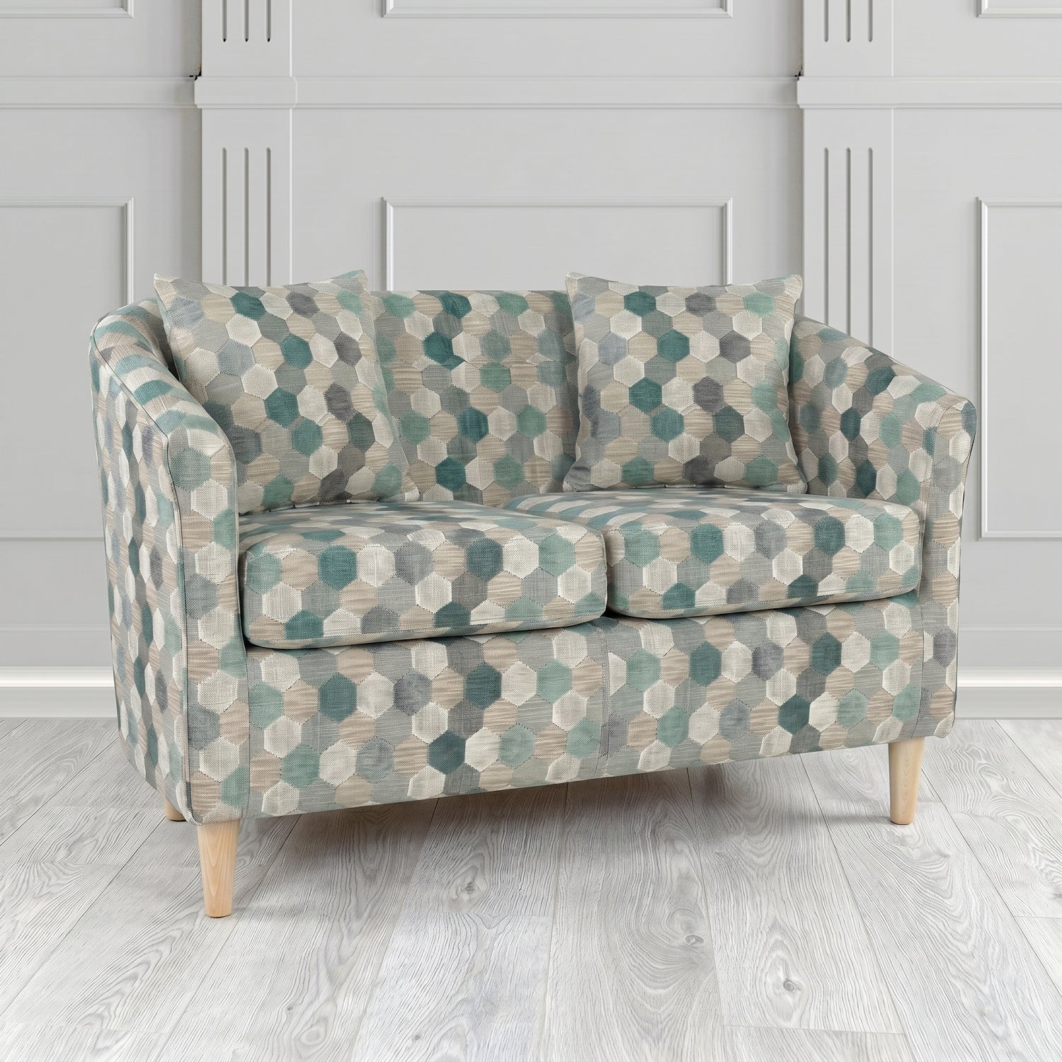 St Tropez 2 Seater Tub Sofa in Cristina Marrone Extravaganza Honeycomb Velvet Pattern Fabric with Scatter Cushion