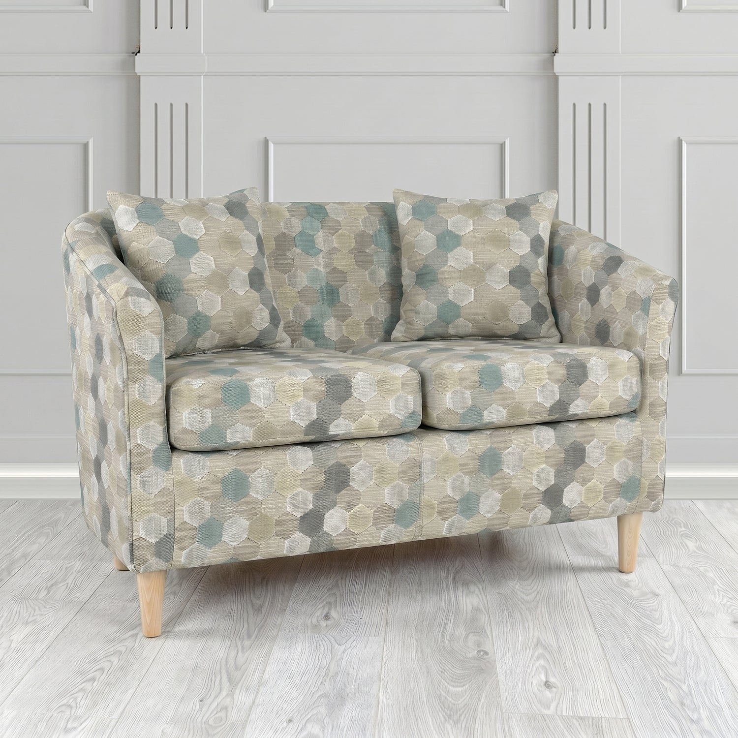 St Tropez 2 Seater Tub Sofa in Cristina Marrone Extravaganza Honeycomb Velvet Pattern Fabric with Scatter Cushion