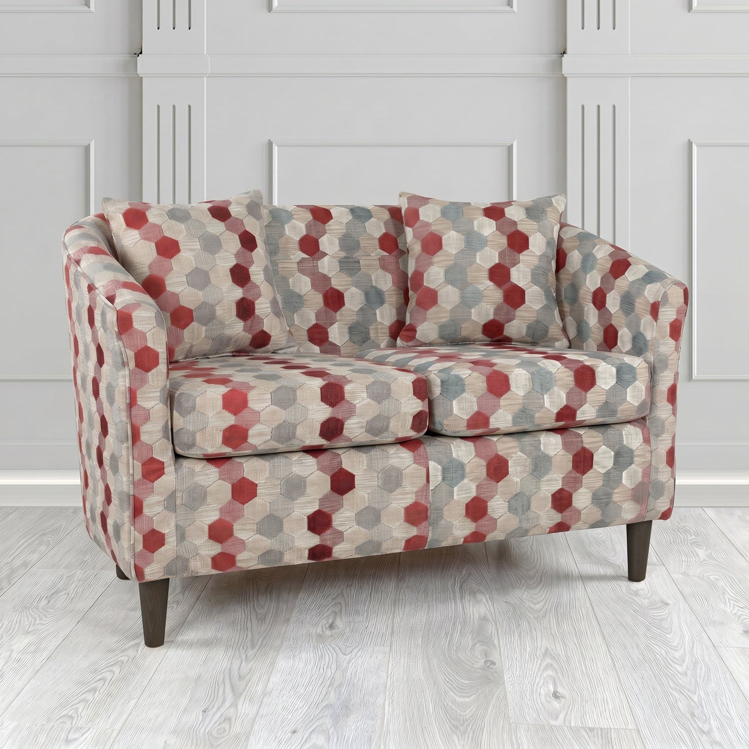 St Tropez 2 Seater Tub Sofa in Cristina Marrone Extravaganza Honeycomb Velvet Pattern Fabric with Scatter Cushion