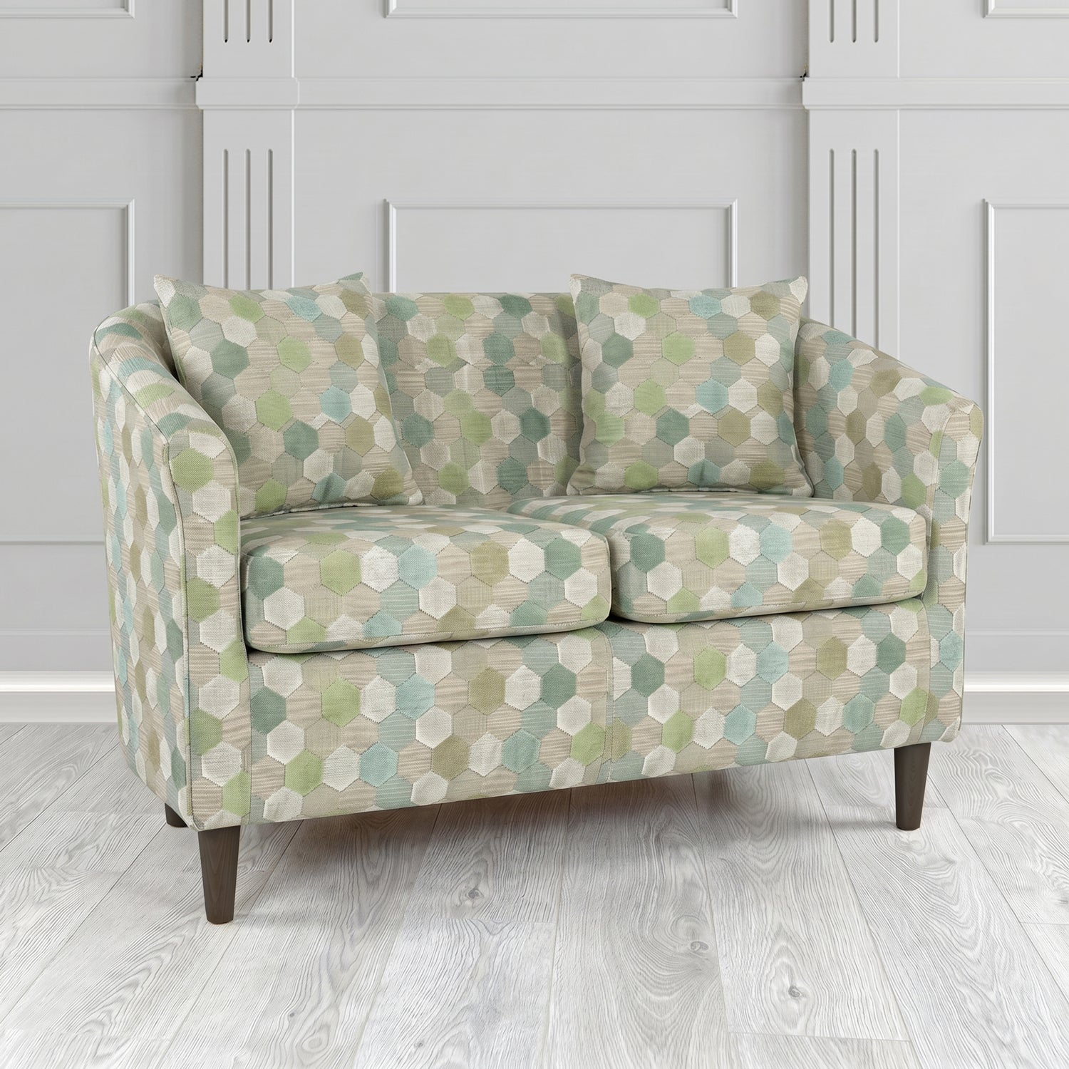 St Tropez 2 Seater Tub Sofa in Cristina Marrone Extravaganza Honeycomb Velvet Pattern Fabric with Scatter Cushion