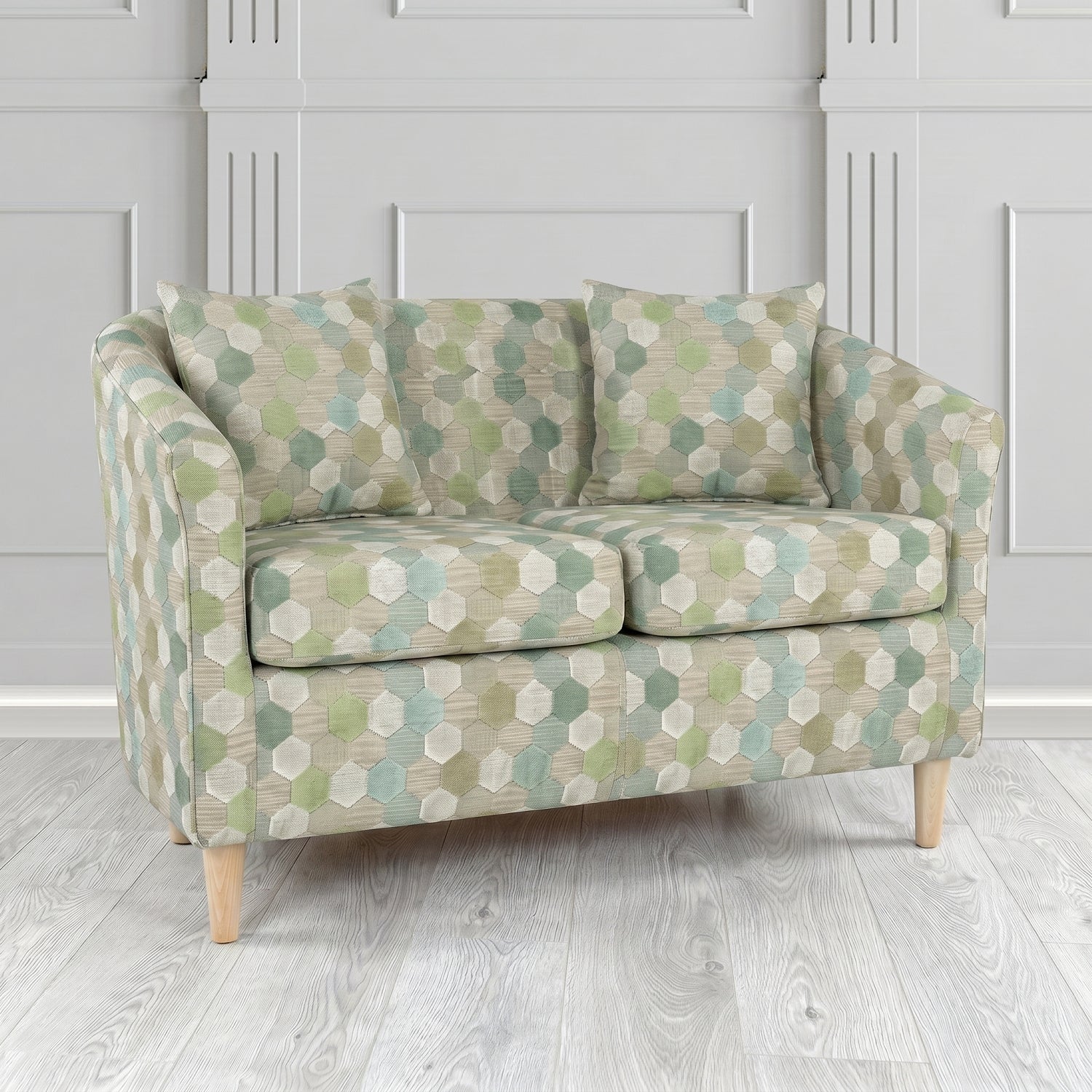 St Tropez 2 Seater Tub Sofa in Cristina Marrone Extravaganza Honeycomb Velvet Pattern Fabric with Scatter Cushion