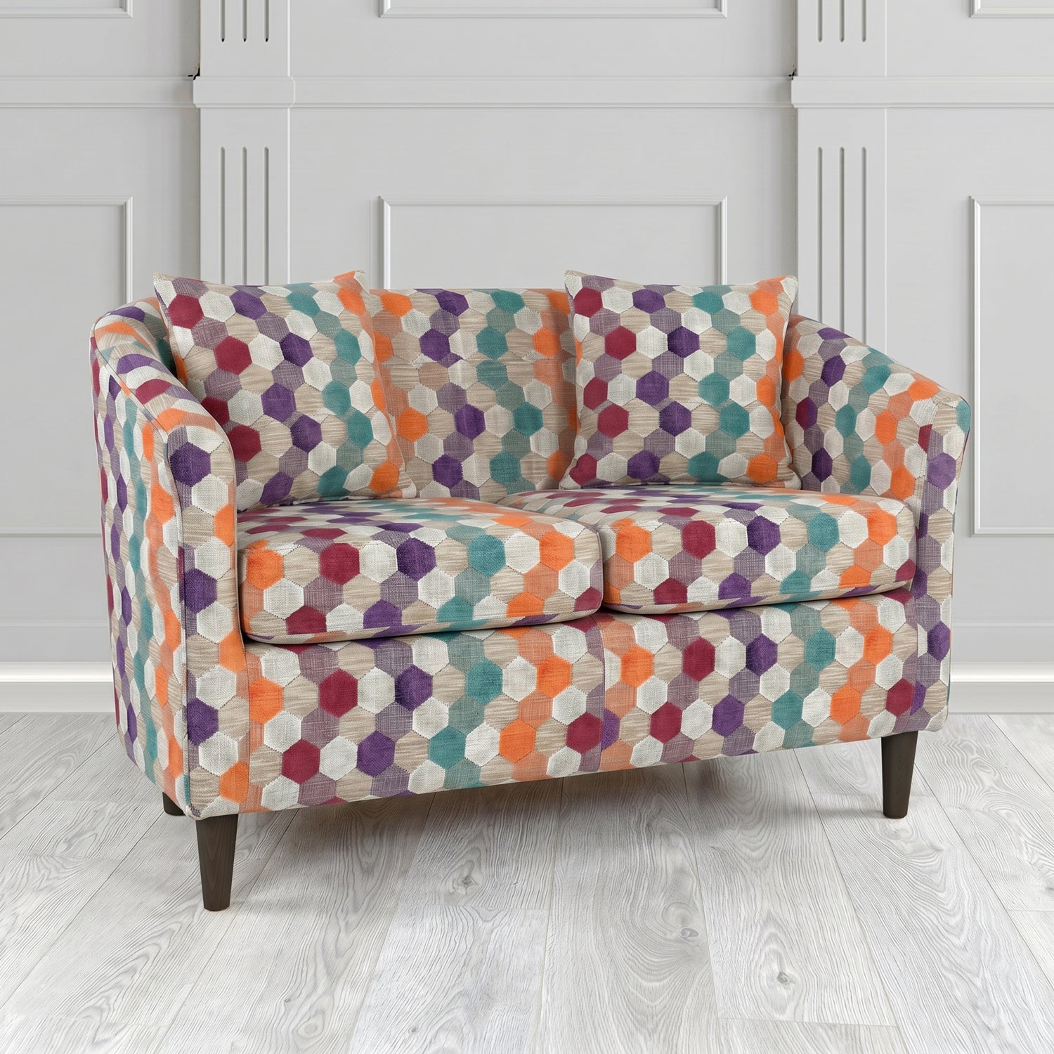 St Tropez 2 Seater Tub Sofa in Cristina Marrone Extravaganza Honeycomb Velvet Pattern Fabric with Scatter Cushion