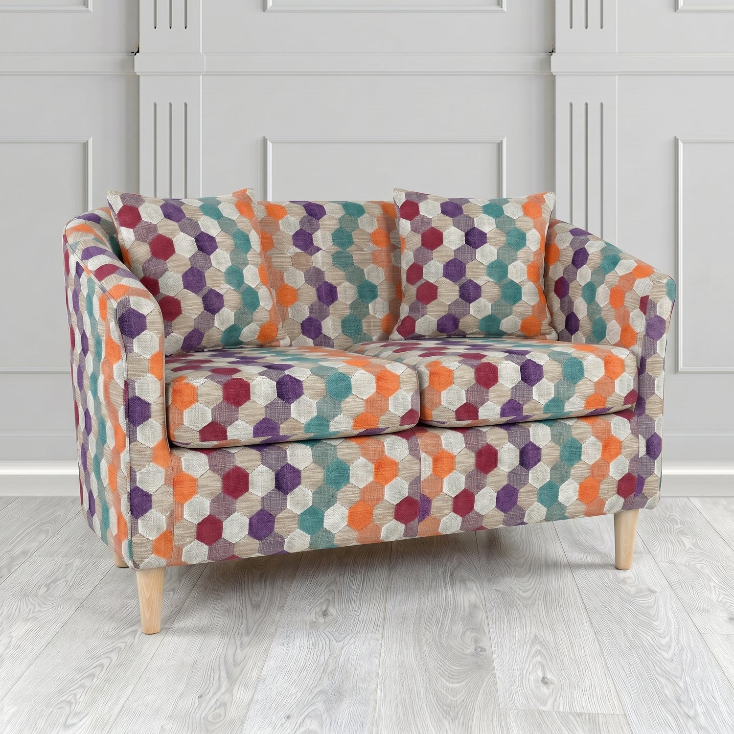 St Tropez 2 Seater Tub Sofa in Cristina Marrone Extravaganza Honeycomb Velvet Pattern Fabric with Scatter Cushion