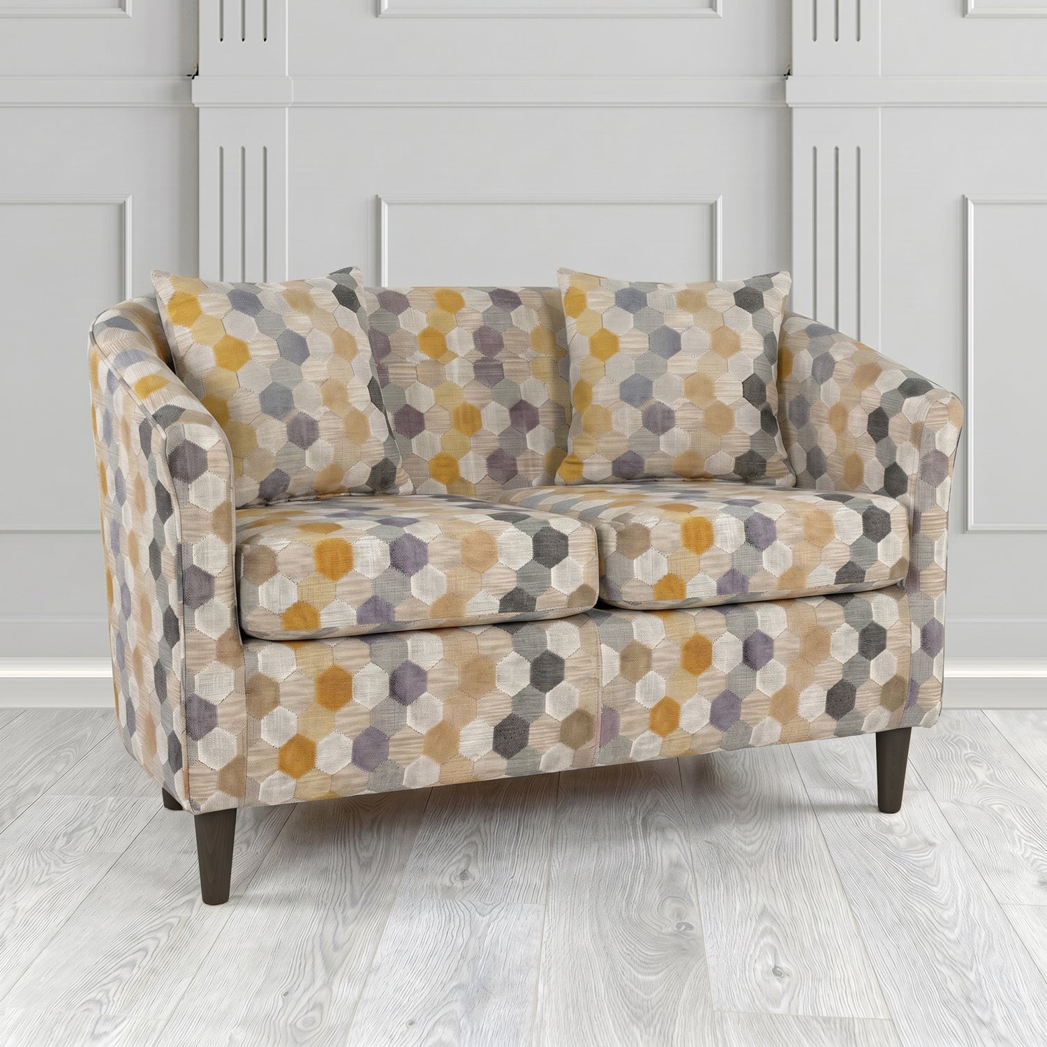 St Tropez 2 Seater Tub Sofa in Cristina Marrone Extravaganza Honeycomb Velvet Pattern Fabric with Scatter Cushion