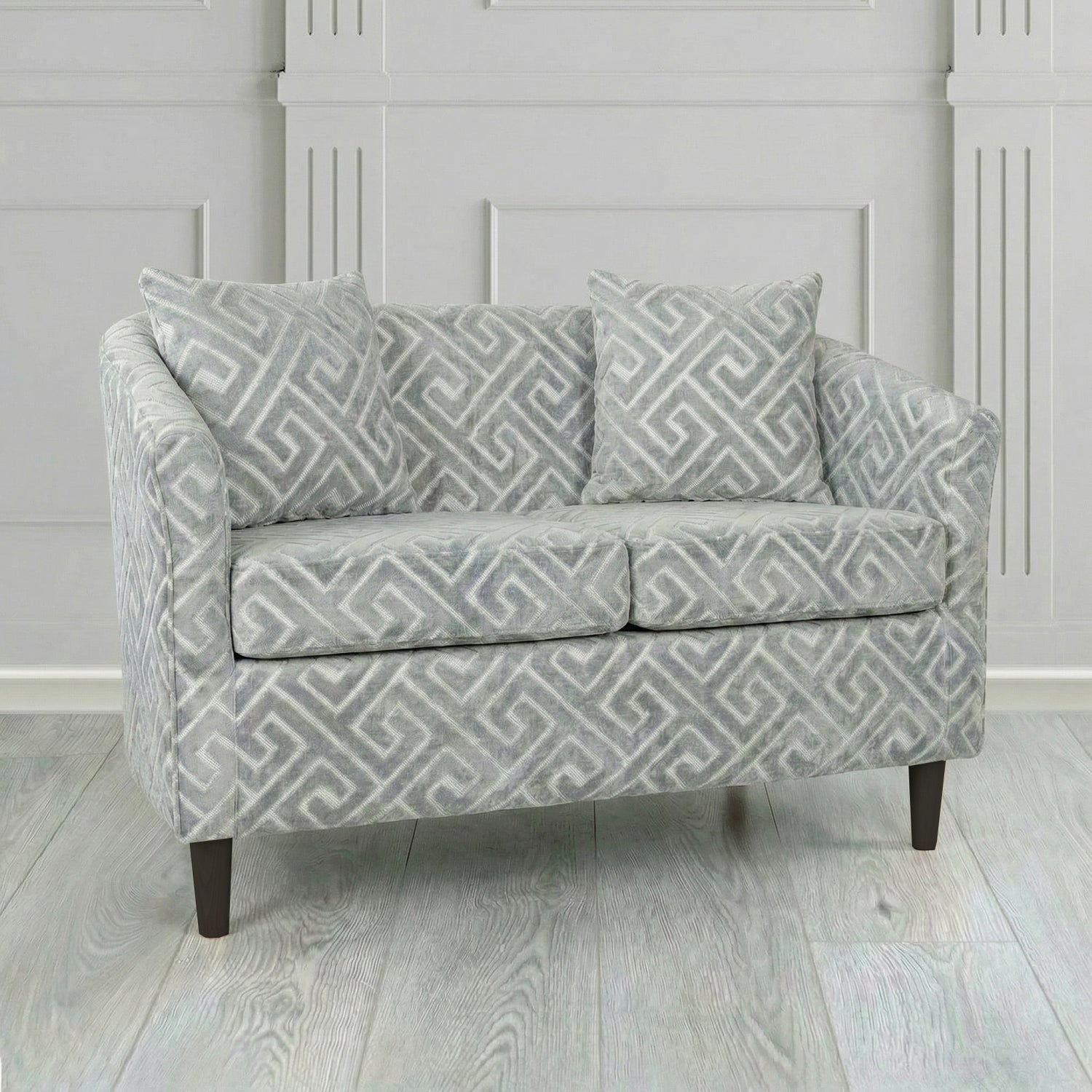 St Tropez 2 Seater Tub Sofa in Cristina Marrone Extravaganza Greek Key Geometric Fabric with Scatter Cushion