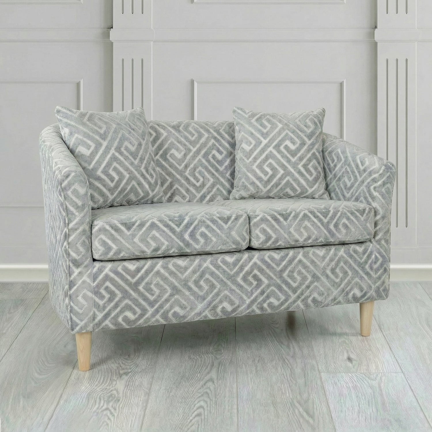 St Tropez 2 Seater Tub Sofa in Cristina Marrone Extravaganza Greek Key Geometric Fabric with Scatter Cushion